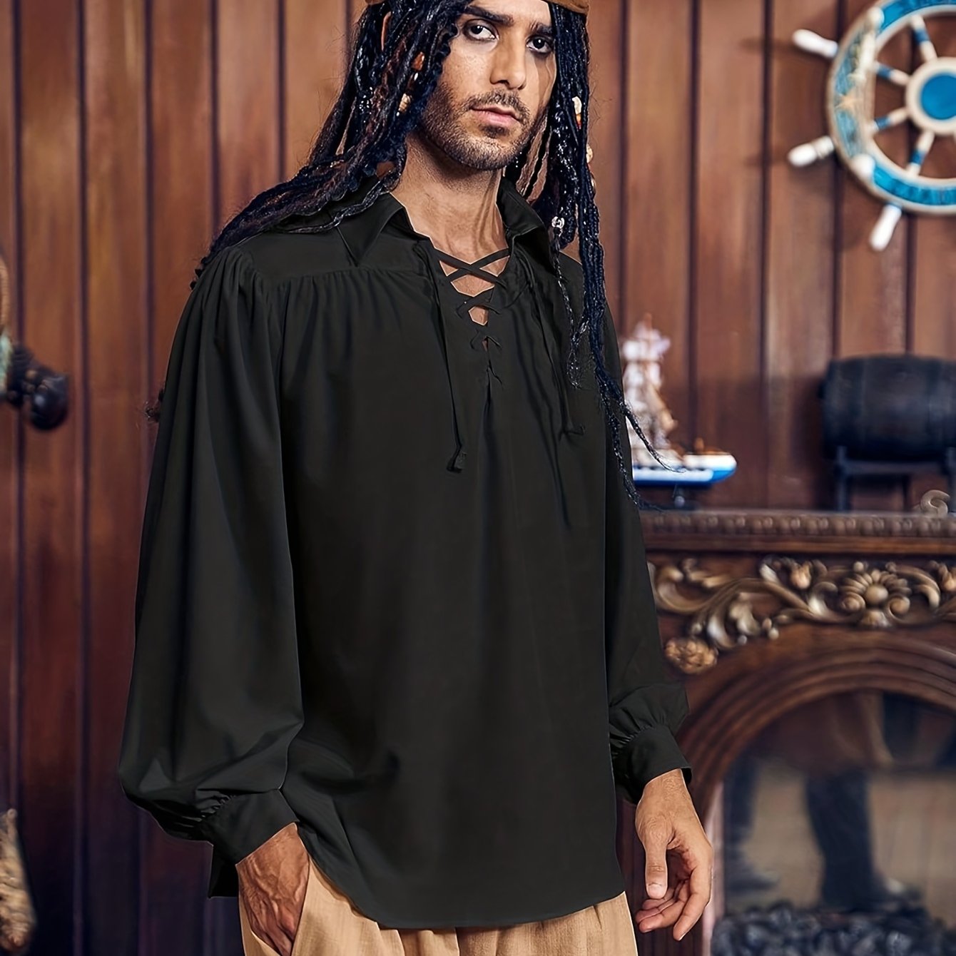 Feynman Middeleeuws piratenhemd voor heren, gothic, steampunk-kostuum, Victoriaans, renaissance, Halloween, carnaval, Viking, cosplay, top, ruches hemd, wit, M