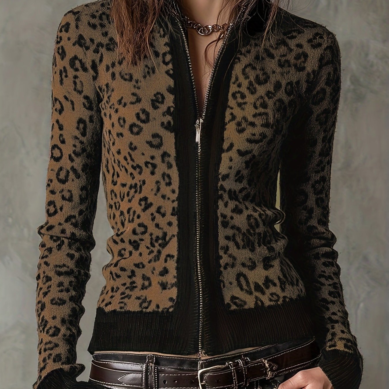 E-shop Herbst/Winter Neue Vintage-elegante Damen-Strickjacke mit Leopardenmuster Reißverschluss, passende Pulloverjacke mit Stehkragen, modisches