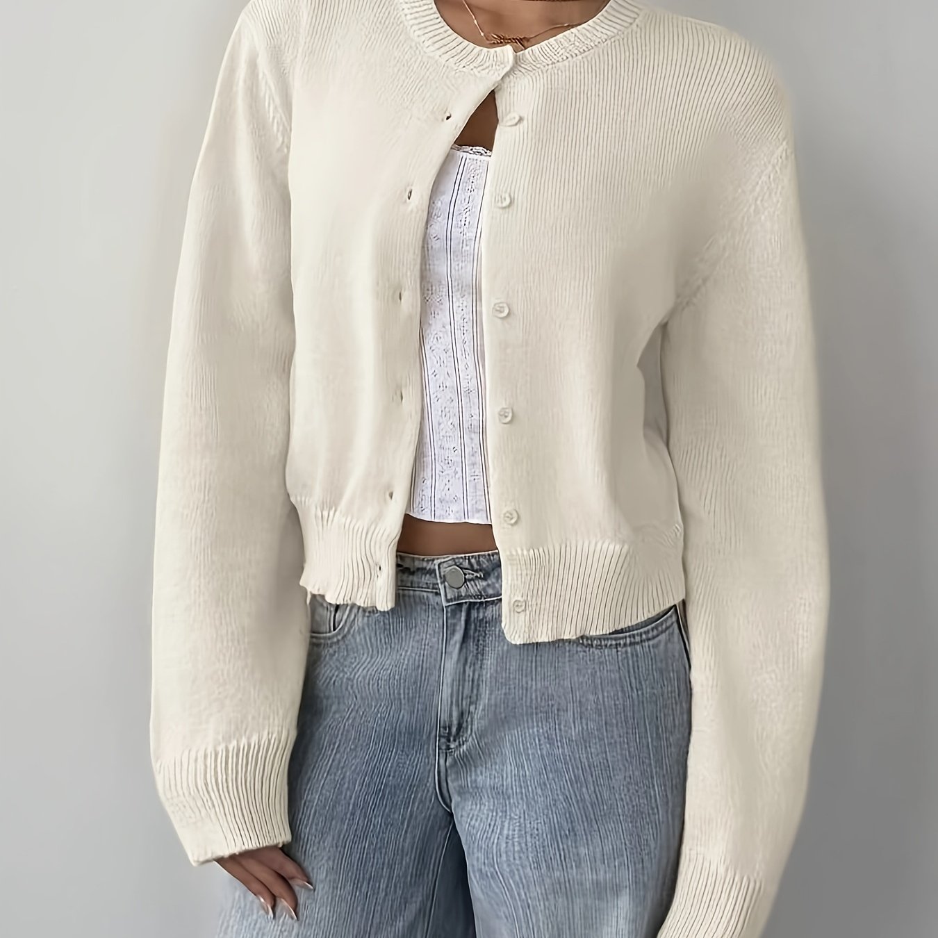 TEMU Xxfl Basic Women' Solid Color Round Neck Long Sleeve Loose Fit Cropped Cardigan, Casual Cropped Top, Soft And -friendly