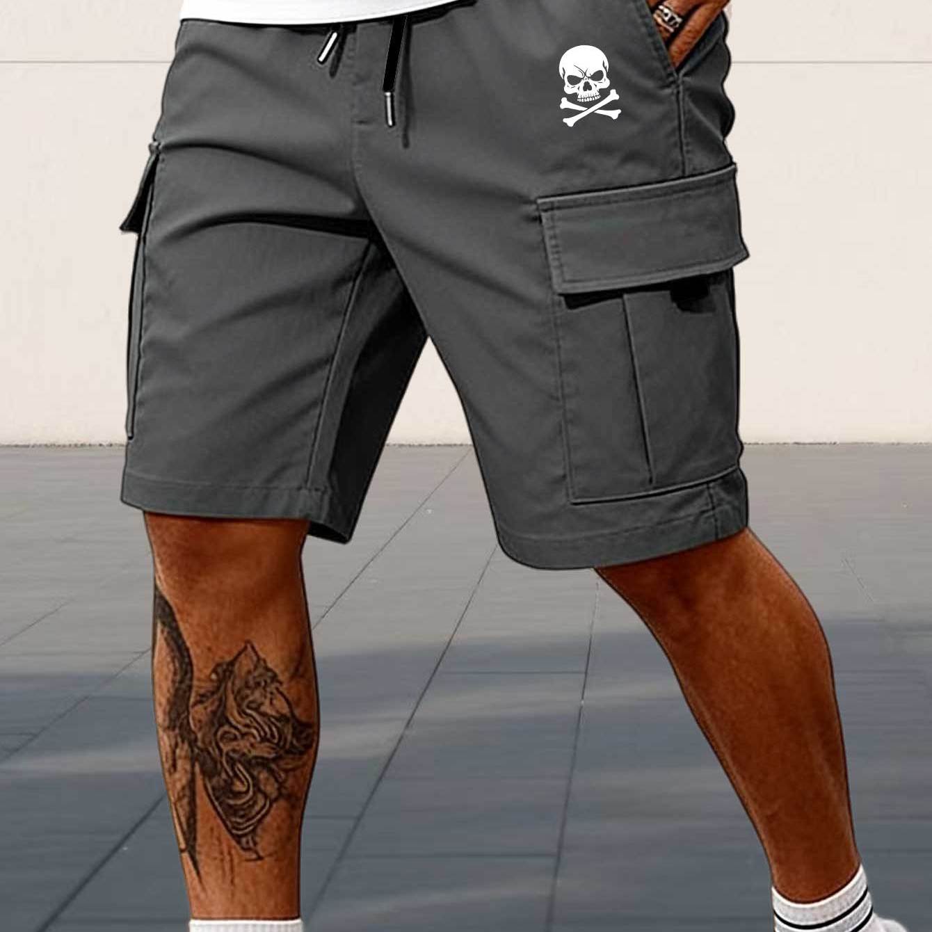 TEMU 2026y2k Men's Skull Print Cargo Shorts, Casual Drawstring Waist Multi Pocket Utility Shorts For Summer Outdoor