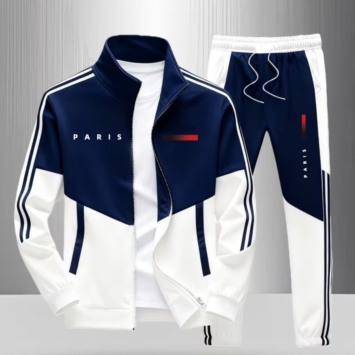 E-shop Herren Blazer und Hosen Set | Modische, lässige, trendige Sportbekleidung mit PARIS Buchstaben, roten Streifen, kontrastierendem Design,