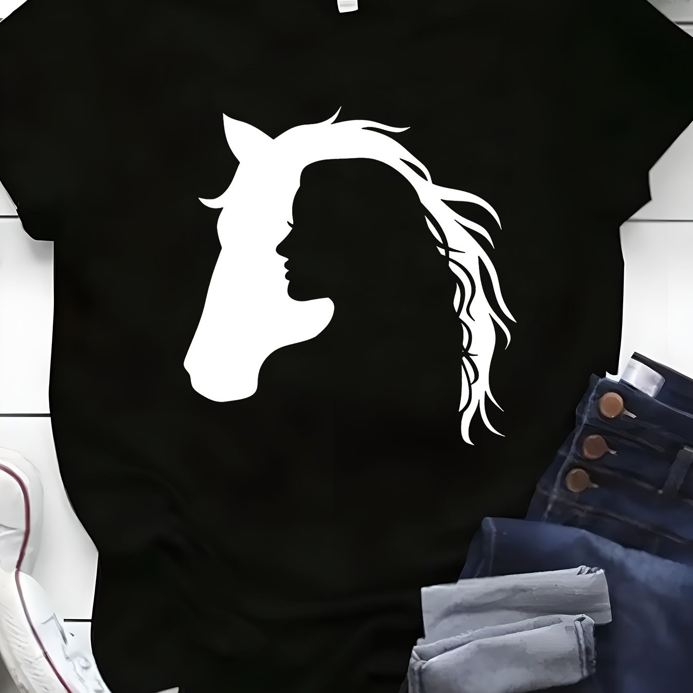 TEMU Plus Size Horse Print T-shirt, Casual Short Sleeve Top For , Women's Plus Size Clothing