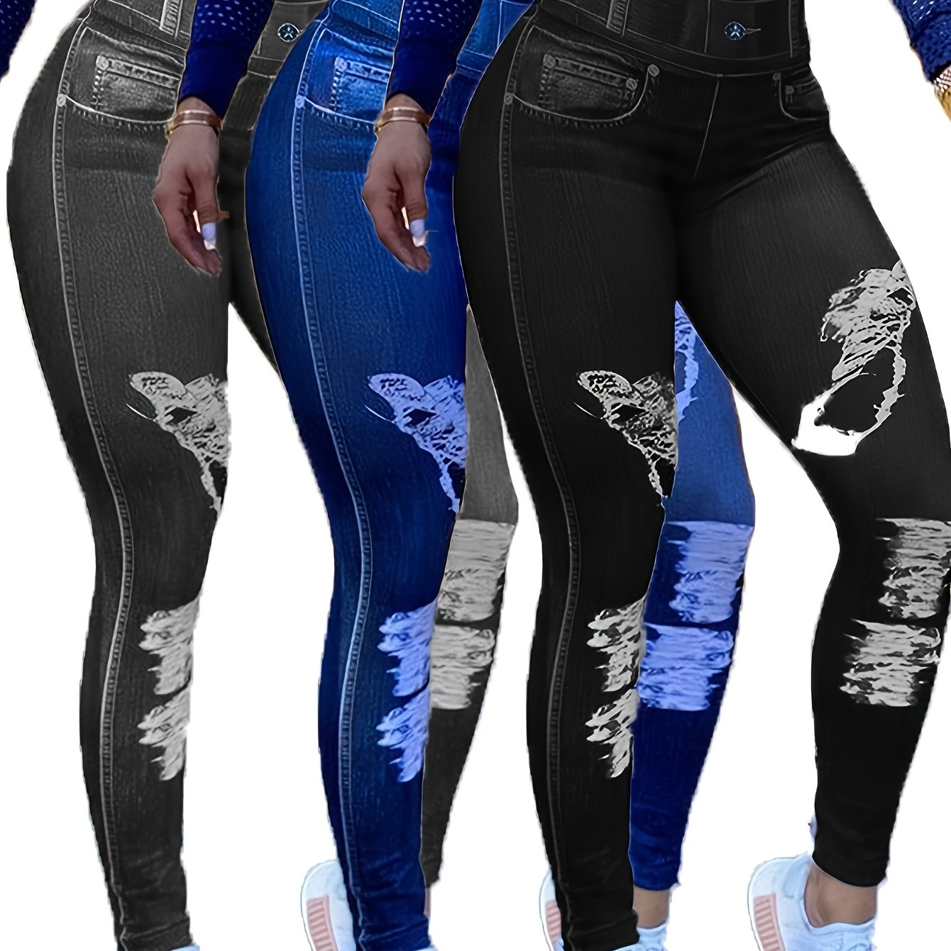 TEMU [printed Pants - Not Denim Fabric] 3pcs Women's High Waist Skinny Denim Leggings - Stretchy Denim Pants, , Casual Everyday Denim|fashionable