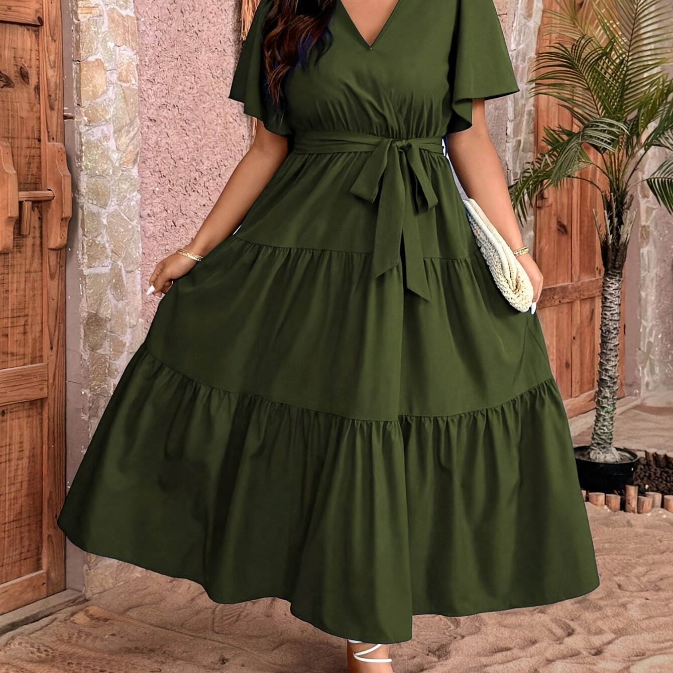 TEMU Plus Size, Plus Size Women's Summer V-neck Sleeve Midi Dress - Solid Color Breathable Machine-washable Elegant Casual To Formal Wear