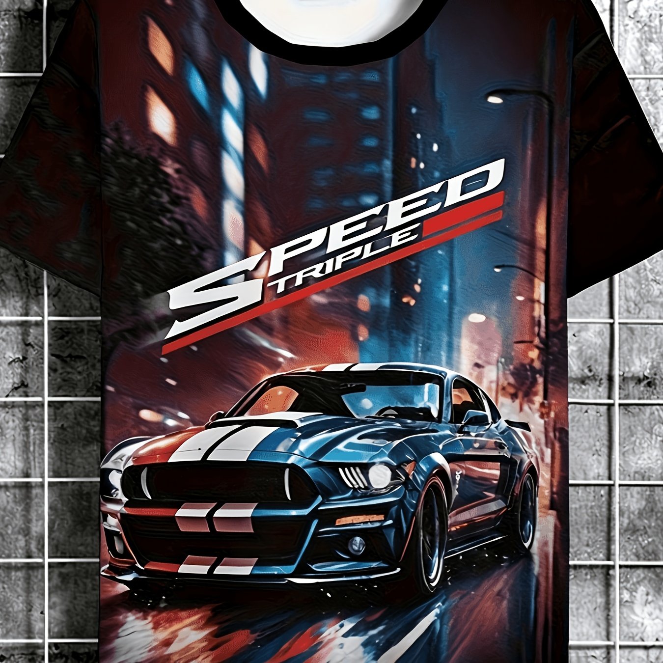 TEMU Men's Racing Graphic T-shirt - Lightweight And Breathable, Full-body Print Design Featuring A Blue And Car, Casual Sporty Short-sleeve Top For