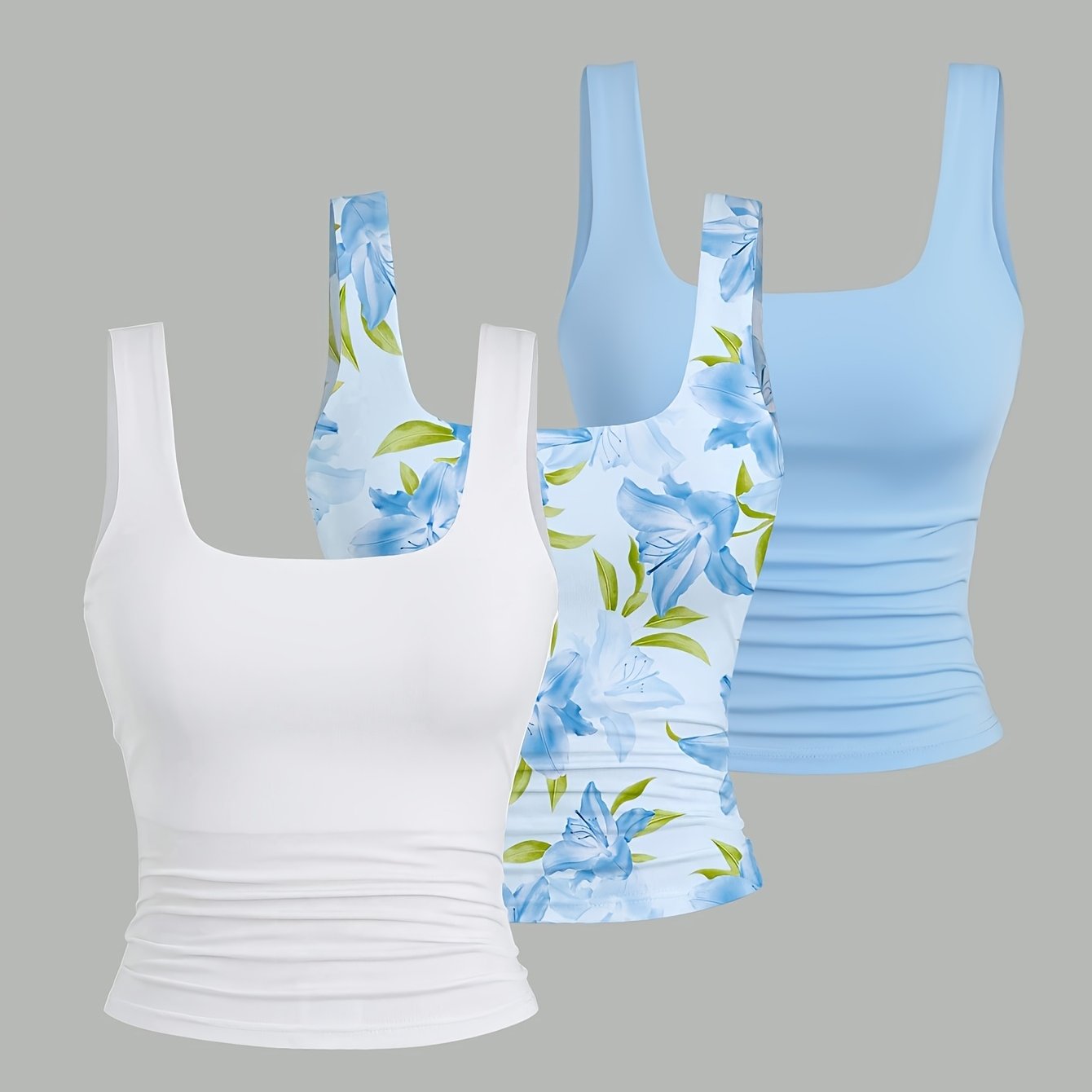 TEMU Plus Size 3pcs Set Elegant Slim-fit Solid Color Printed Wide Strap Tank Top