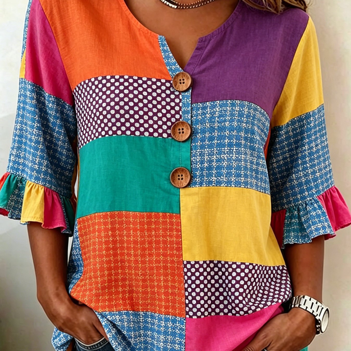 Women's Boho Color Block Prints V-neck Three-button Blouse Shirts, Casual 3/4 Flare Sleeve Shirt For Daily Life