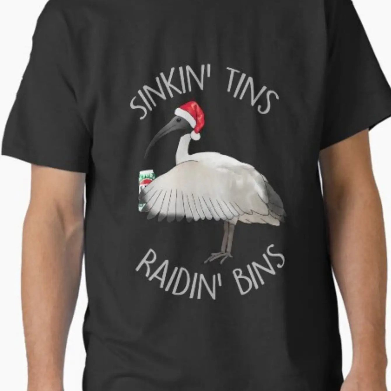 TEMU Men's Funny Christmas T-shirt- Sinkin' Tins Holiday Tee With Santa Hat Bird- Black With White Graphic- Short Sleeve Crew Neck Casual Shirt-