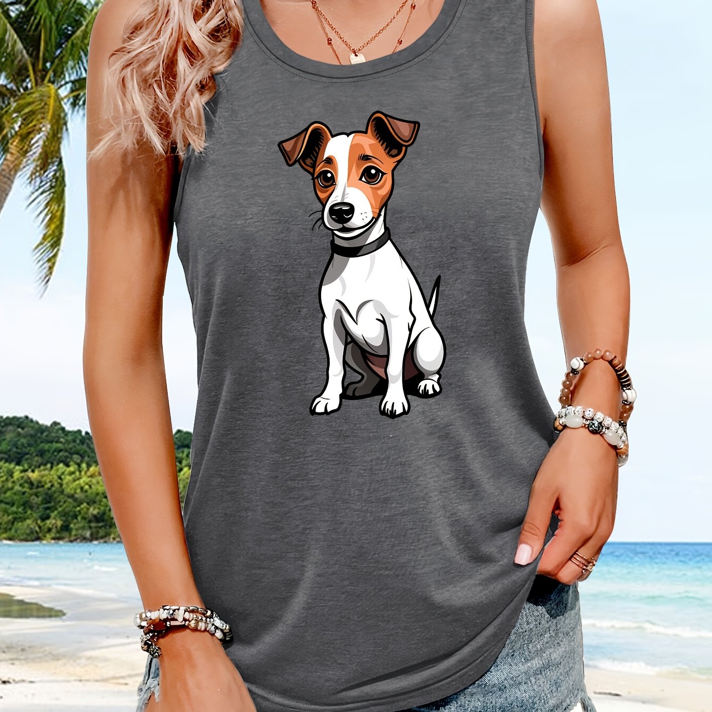 TEMU Elegant Sleeveless Tank Top Featuring A Terrier Print, Perfect For Casual Daily Wear With A Vintage Style. Ideal For Women's Summer Leisure And