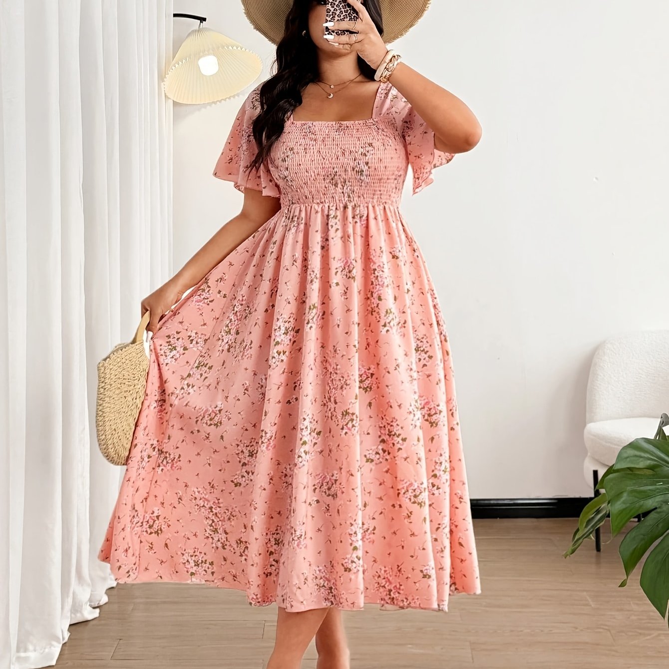 TEMU Plus Size, Summer Plus Women's Comfortable And Elegant A-line Dress, Fashionable Vacation Dress, Spring/summer White Floral Print Dress, Women's