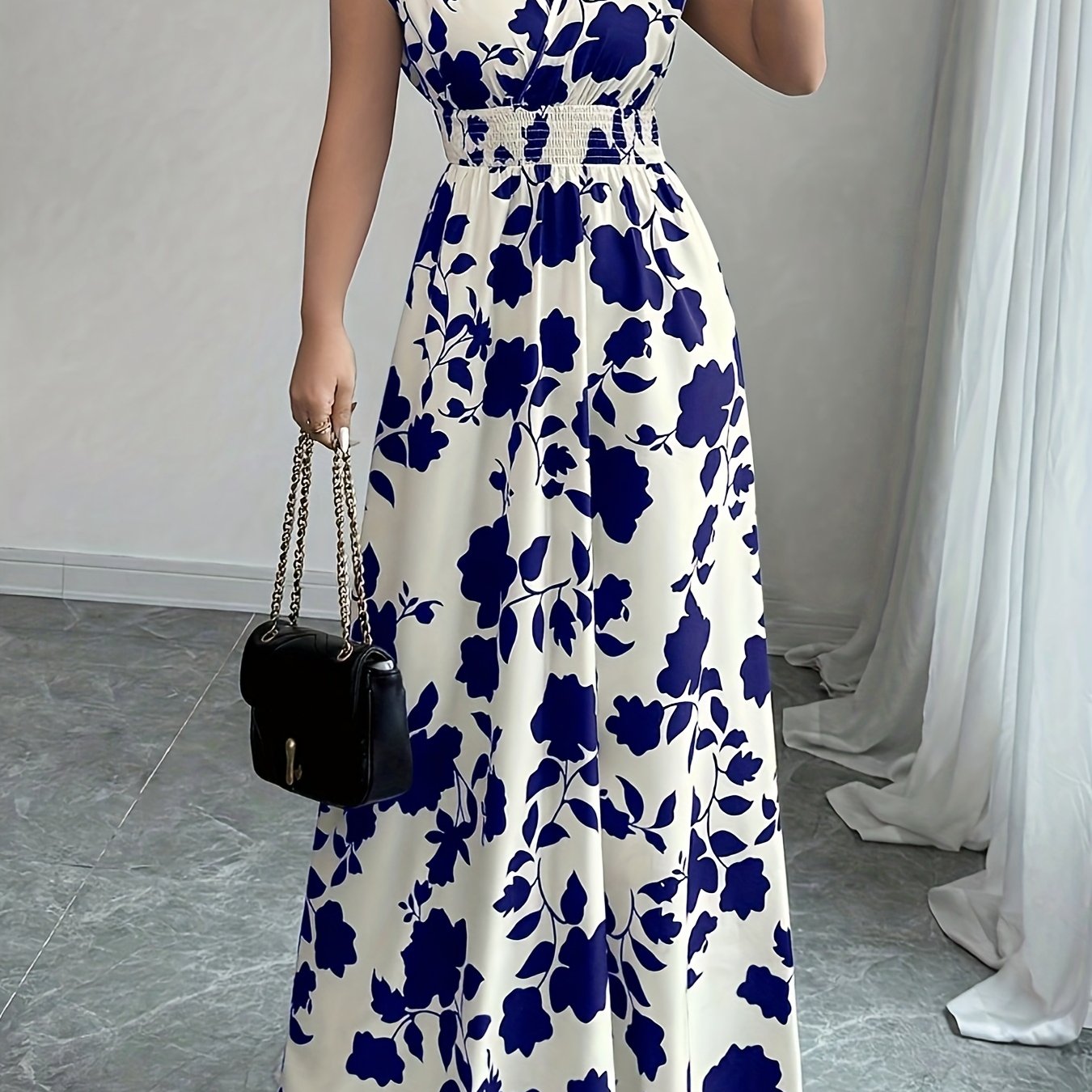 TEMU Elegant Pink Floral Maxi Dress With V-neck And Short Sleeves - Flowing A-line Silhouette, Cinched Waist, Perfect For Spring/fall, Casual To