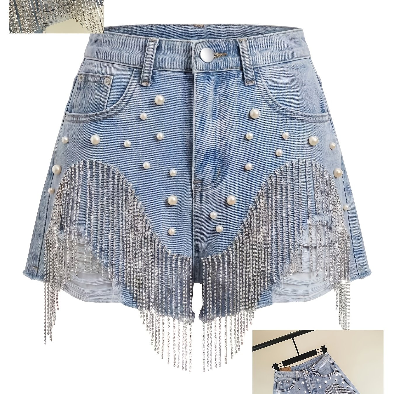 TEMU New Arrival Women's Summer Denim Hot Shorts, Heavy Beaded & Rhinestone Design With Chain Tassels. High Waist Slim Irregular Frayed Shorts, Pearl