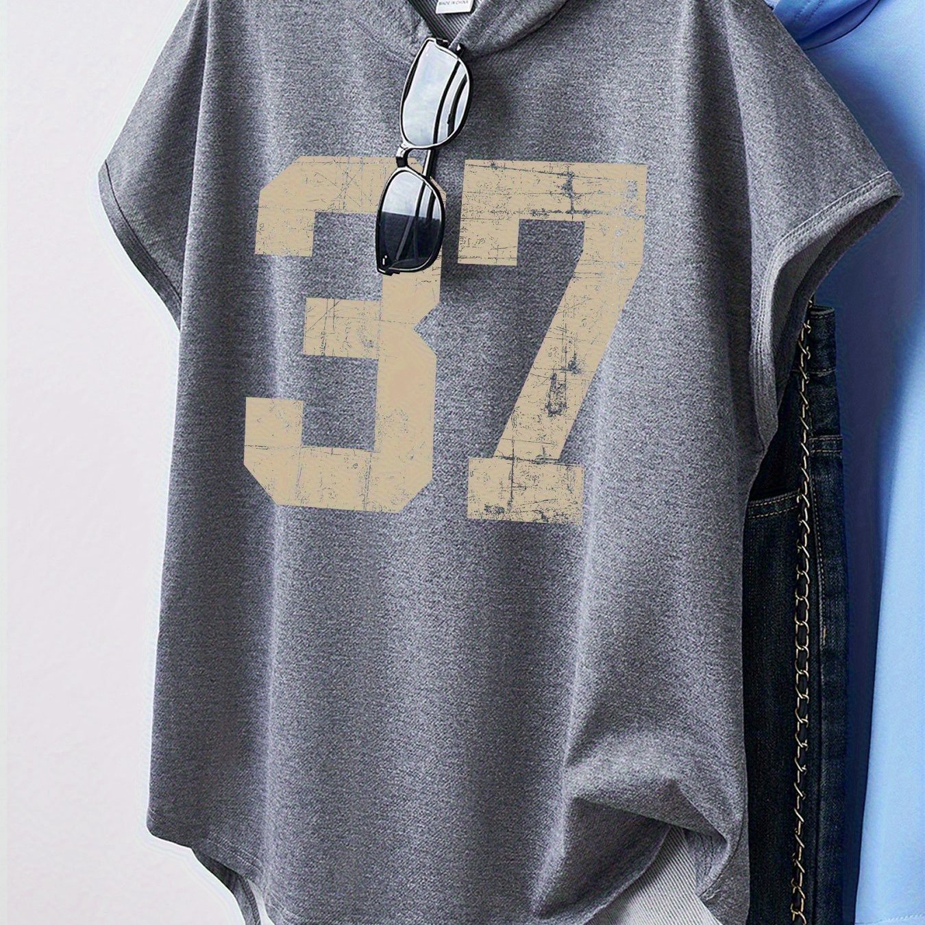 TEMU 1 pièce Haut tendance, en fibre de , sweat à capuche élégant pour femme à manches courtes et coupe évasée ailée, à la taille, avec impression
