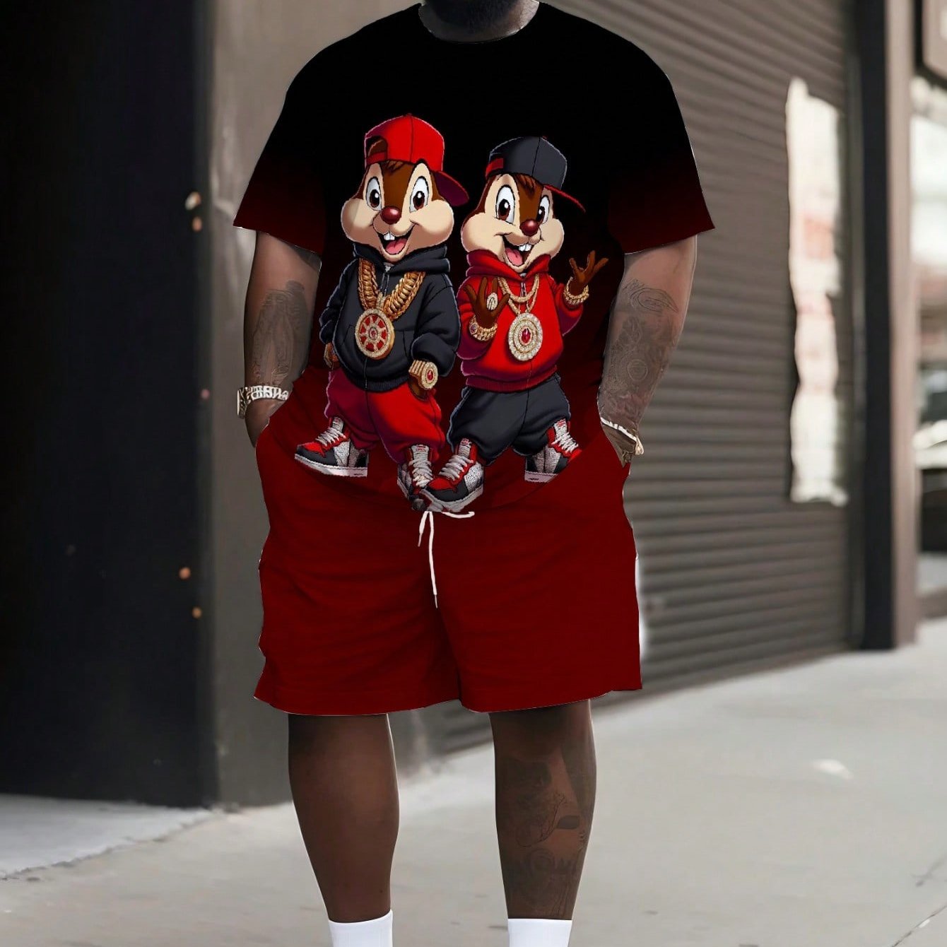 TEMU Plus Size Men's Black-red Gradient Hip-hop Squirrel Set, Summer Loose Short-sleeve T-shirt And Casual Shorts, Gradient , Crew Neck T-shirt With