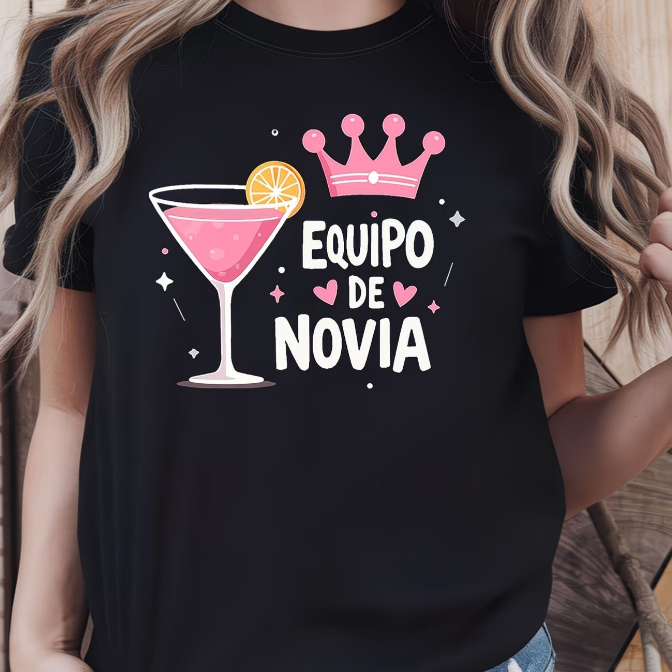 TEMU Camiseta de dama de honor "EQUIPO DE NOVIA" en español para mujer - Top casual de manga corta y cuello con estampado de texto "Novia y Damas de