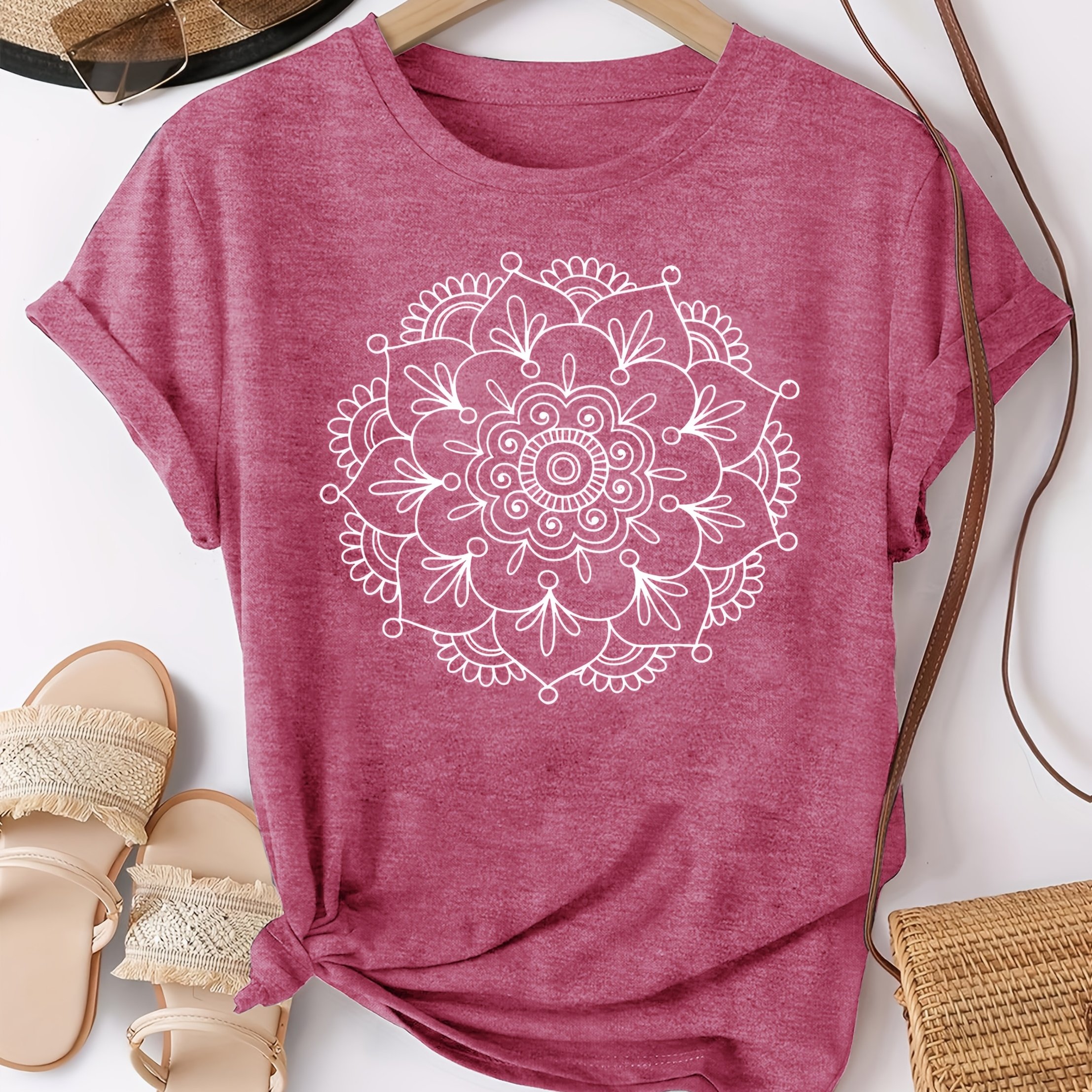 E-shop Damendamen Mandala-Druck Kurzarm-T-Shirt - Lockerer Schnitt mit Rundhalsausschnitt, Atmungsaktiv & Maschinenwaschbar, Vielseitig für