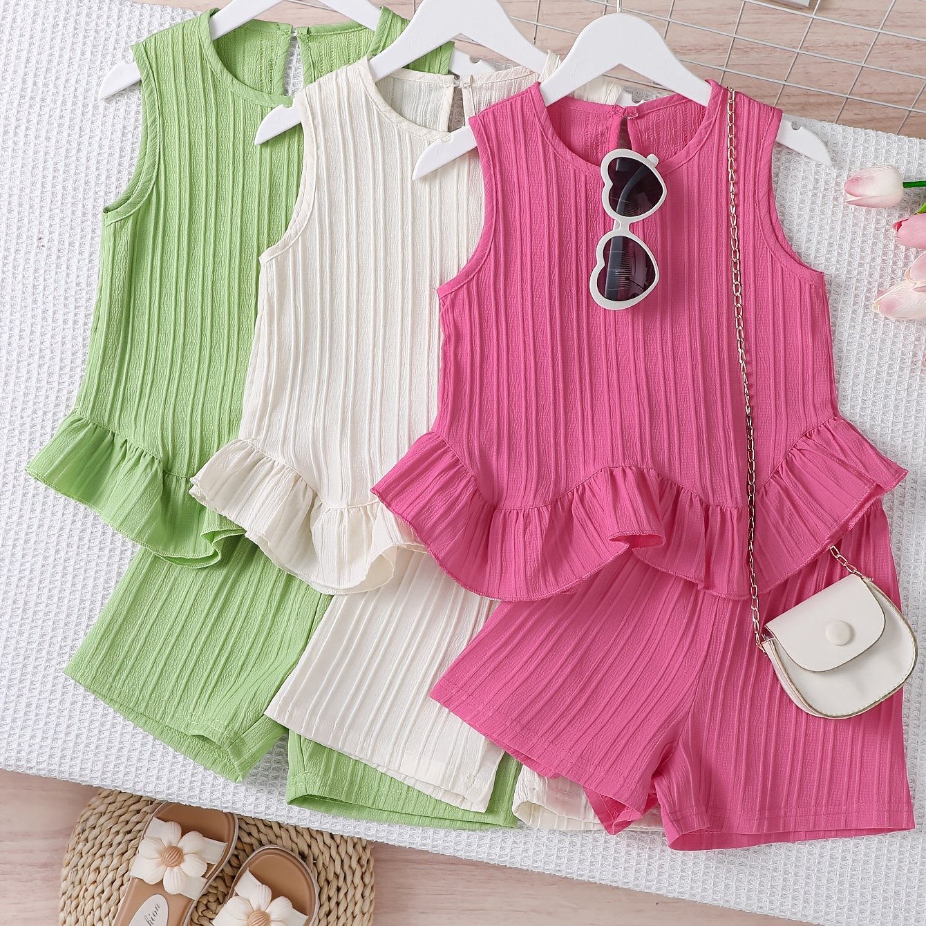 Image of 6pcs Girls' Set, 2026 Summer New Arrival, Fashionable Casual Ladies' Cute Outfit, Tank Top + Shorts, Comfortable Multi-piece Set, Perfect For Outdoor