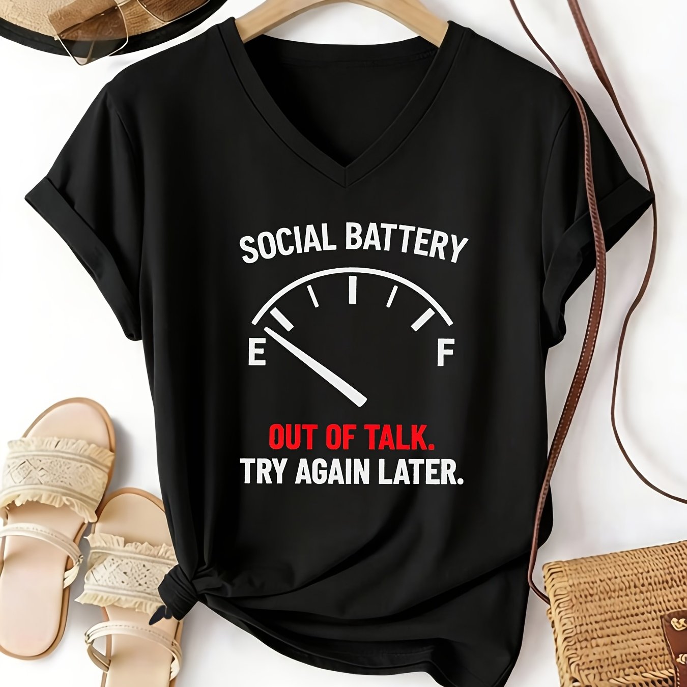 TEMU Women' Funny "social Battery Talk" V-neck T-shirt - Humorous Slogan Short-sleeve -compatible Top, Casual Summer Tee Suitable For Casual Attire &