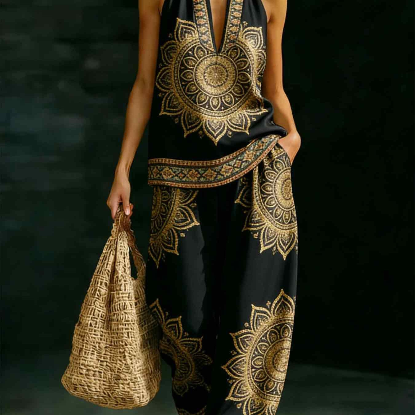 Image of Women's Spring Summer Neck V-neck Sleeveless Top And Elastic Wide-leg Trousers 2pcs Set, Mandala, Black Golden, Ethnic Style Printed Design, Machine Washable, Retro Vacation Suit, Bohemian Casual Suit
