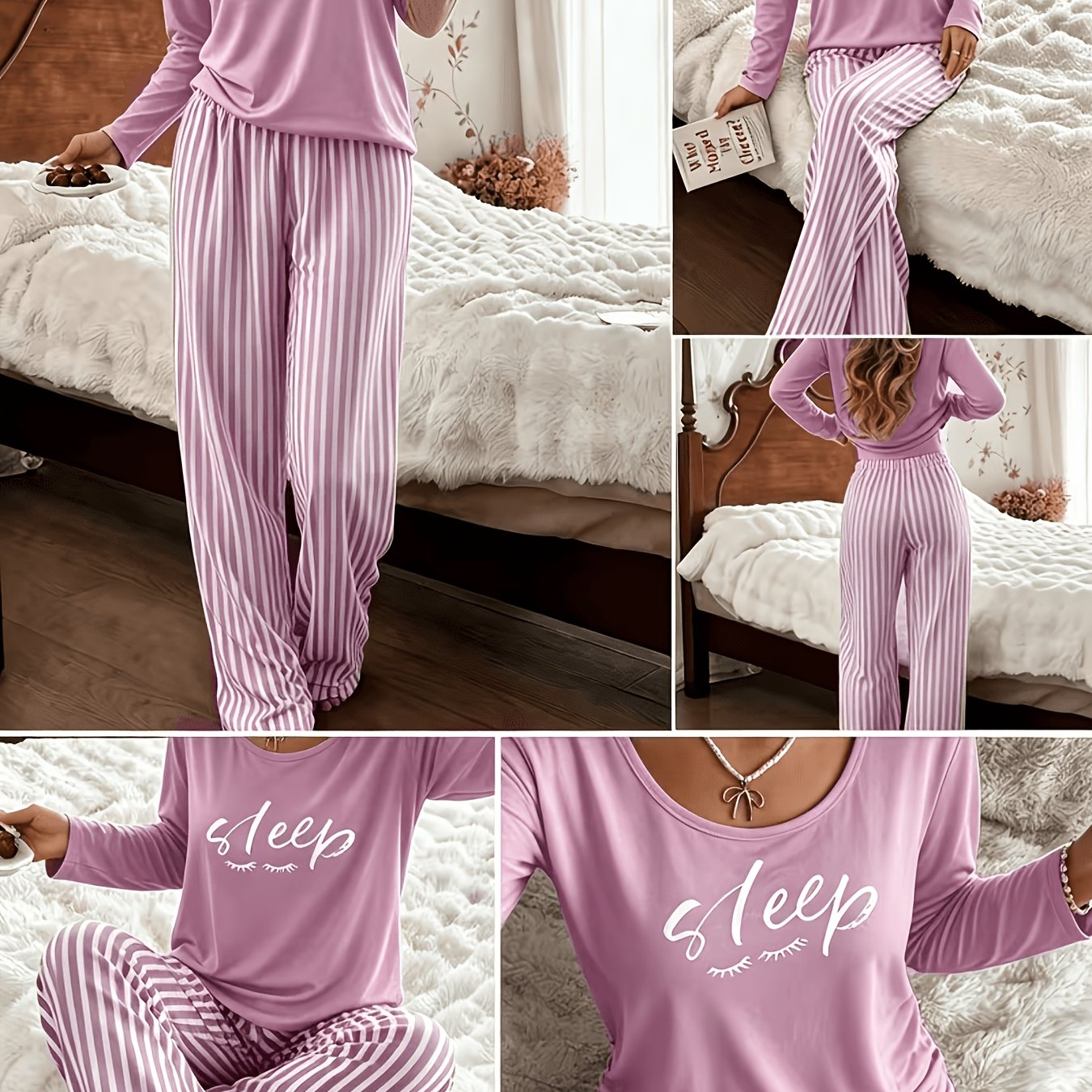 TEMU Women's 2pcs Pajama Loungewear Set, Casual Sleepwear Set, Comfortable Homewear Set, For Use, Loose Fit Round Neck Long Sleeve Top And Elastic