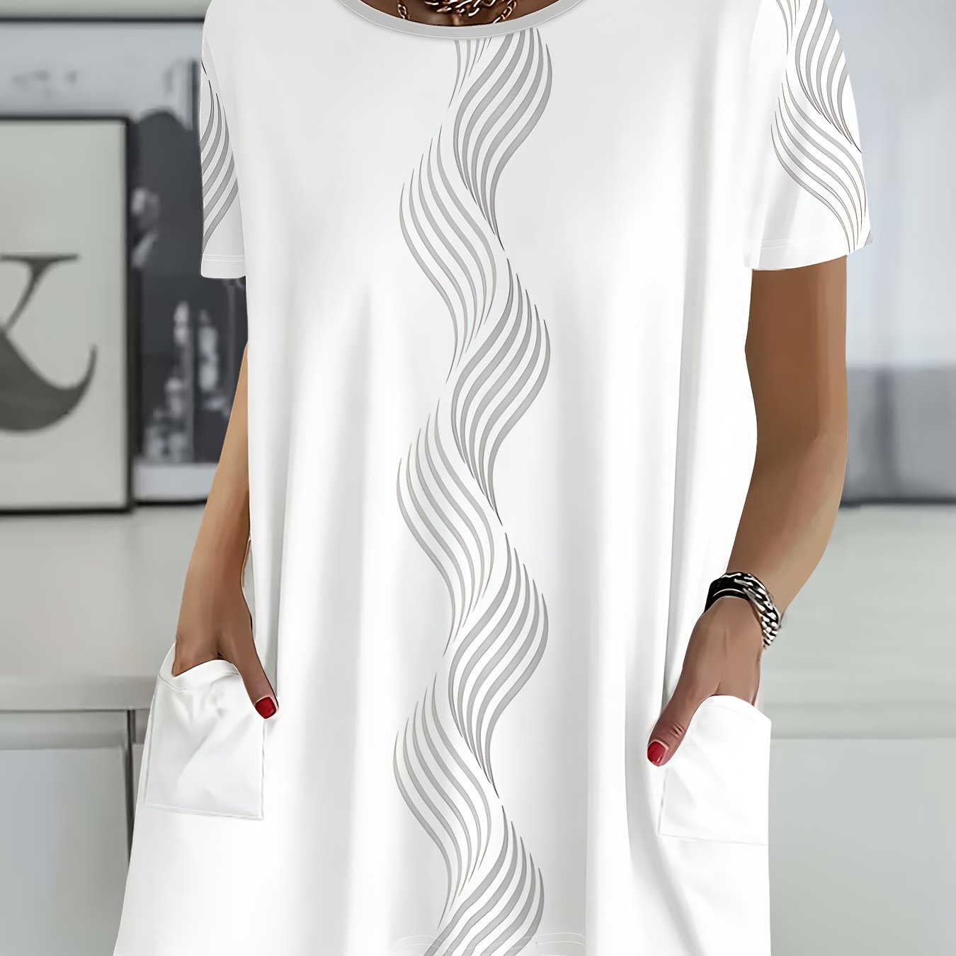 TEMU White Wavy Pattern Women's Loose Size Casual Top With Front , Comfortable And Breathable. A Loose-fitting Plus Size Women's T-shirt With ,