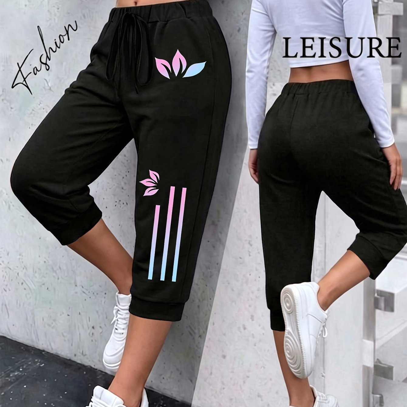 TEMU Plus Size, New Women's Plus Size Wide-leg Harem Pants, Loose Fit Casual Elastic Waist Midi Pants, Printed Pants For Home, Vacation, Fashionable