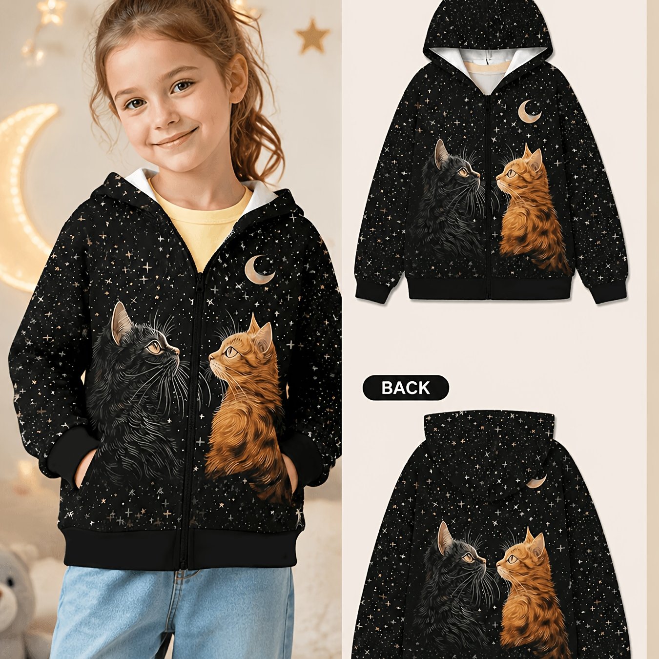 Image of Girls' Hooded Zip-up Cardigan, Animal Cute Cat Black Starry Pattern Print Fall Winter Pocket Jacket Kids' Fashion Novelty Clothing Casual Versatile Long Sleeve Top
