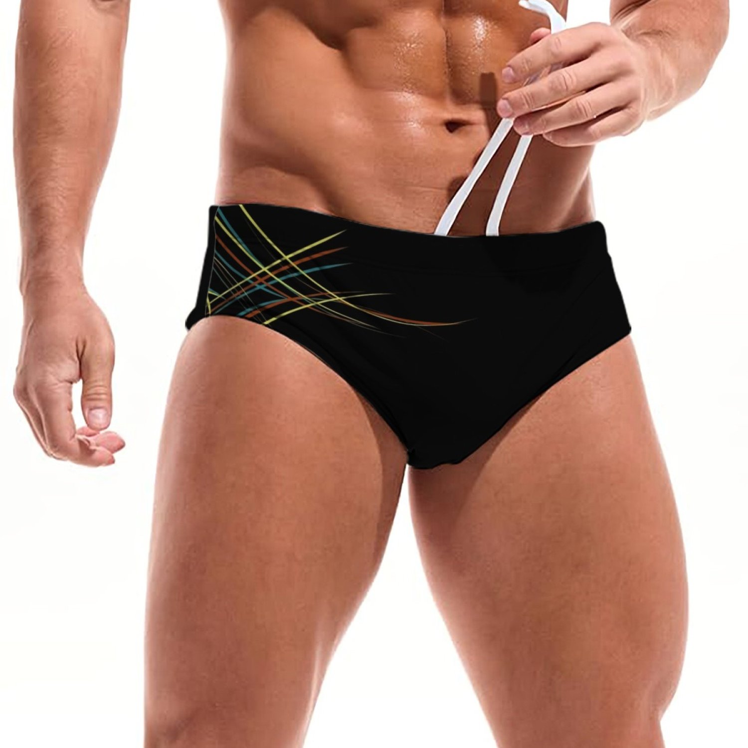 TEMU Men's Fine Line Printed Swim Briefs - Summer Seaside Vacation Casual Men's Swim Trunks, Machine Washable, Skin-fitting, Comfortable Swimwear For