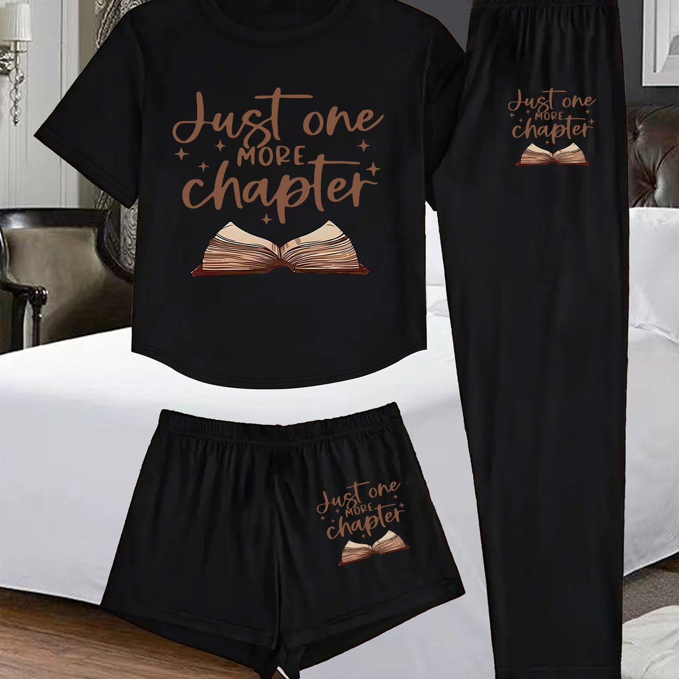 TEMU 3pcs Women's Pajama Set - Book-themed Sleepwear With Book Print & Book Page Pajamas, Elastic Waist Shorts/-like Bottoms, Round Neck T-shirt -