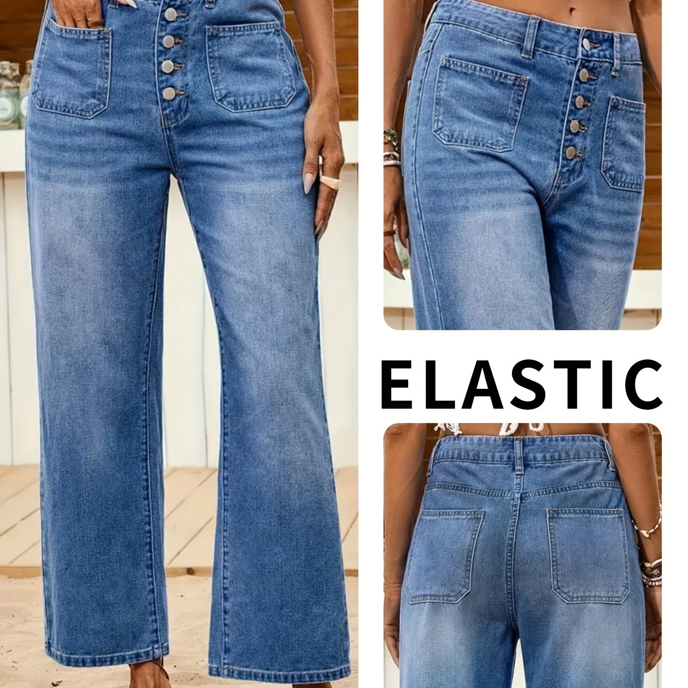 Image of Stretch Single-button Straight Wide-leg Jeans