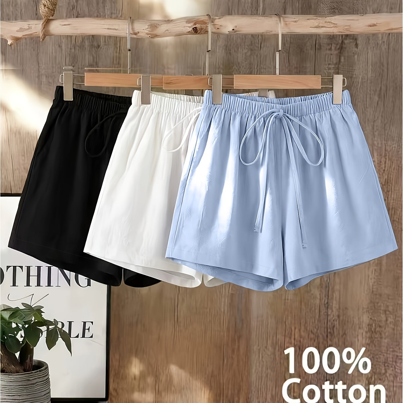Image of 3pcs Set Of Pure, Western Easy Style Solid Color Shorts For Women, Summer Thin High-waist Elastic Waist Wide-leg Flat-seam Pants, Fashionable Versatile Trousers