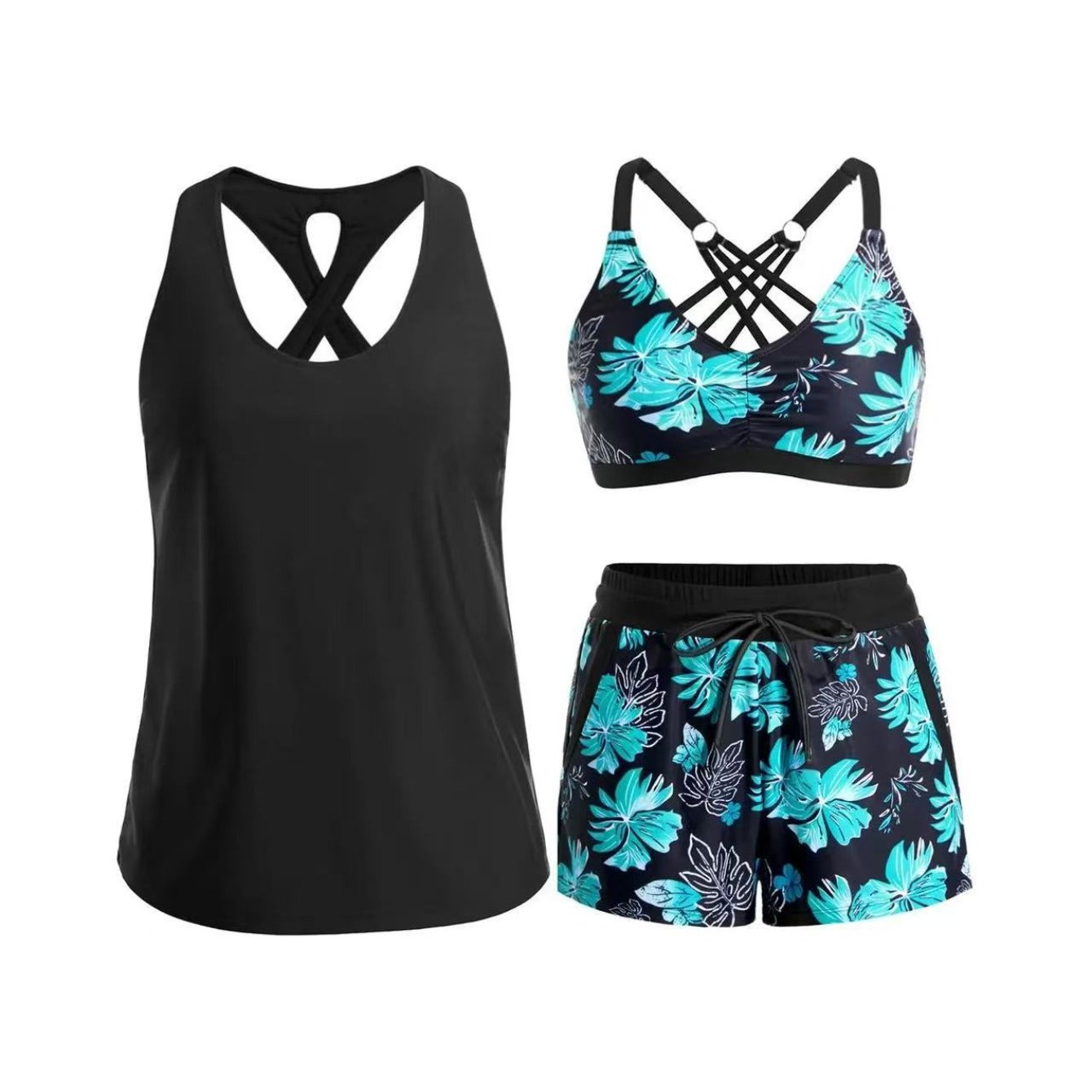 Image of Women's 3pcs Tankini Set Featuring A Tummy-control Tank Top, Sporty Print, And Design.