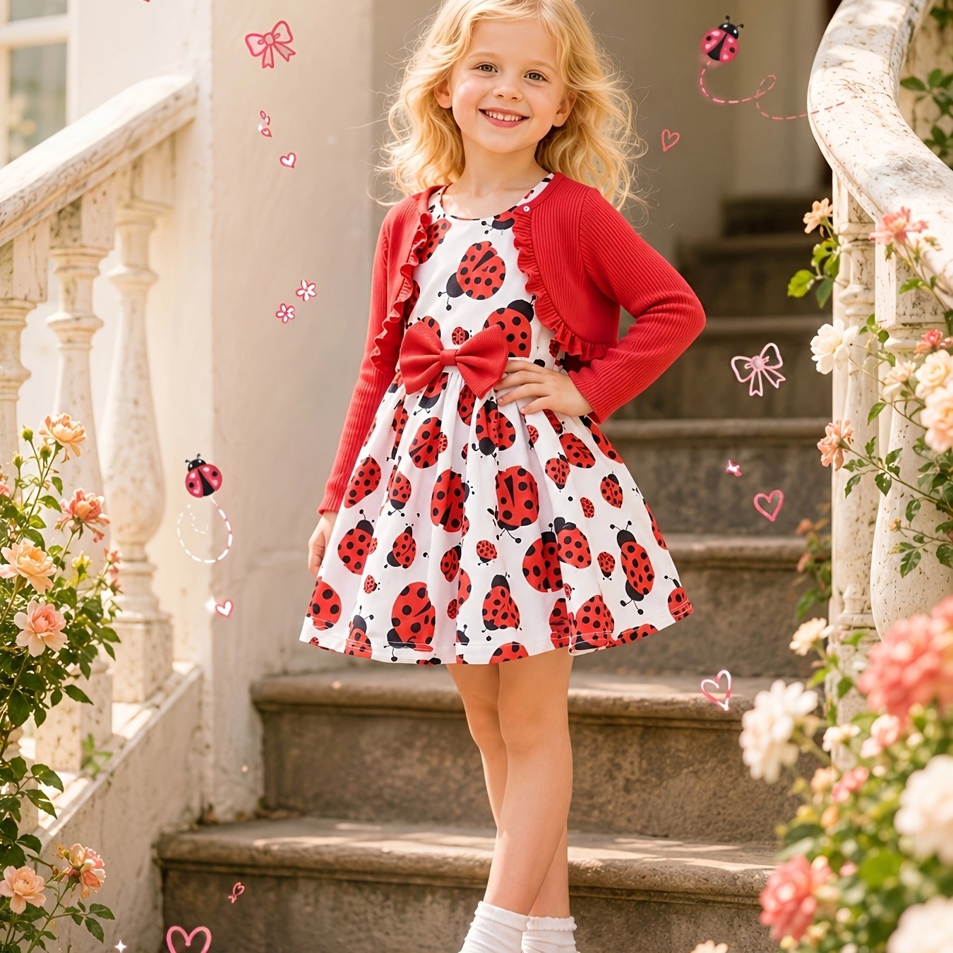 Image of 2pcs. Girls Dress Set. Fashionable Casual Knit Cardigan, Ladybug Vest Dress, Flared Hem, Bow Detail, Round Neck Long Sleeve Button Closure, Solid Color Ribbed Fabric With Stretch