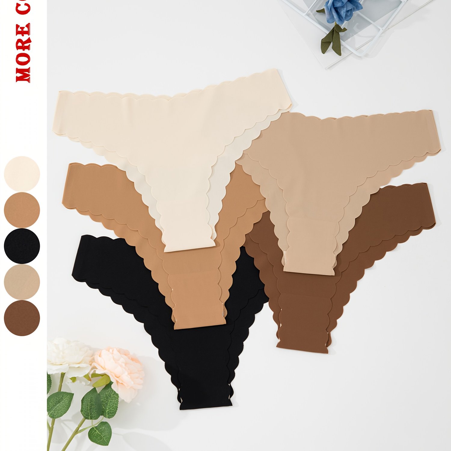 E-shop 5er-Pack Nahtlose, einfarbige, gerüschte, fächerförmige Dreieckslätzchen, sexy, bequeme, atmungsaktive, elastische Unterwäsche