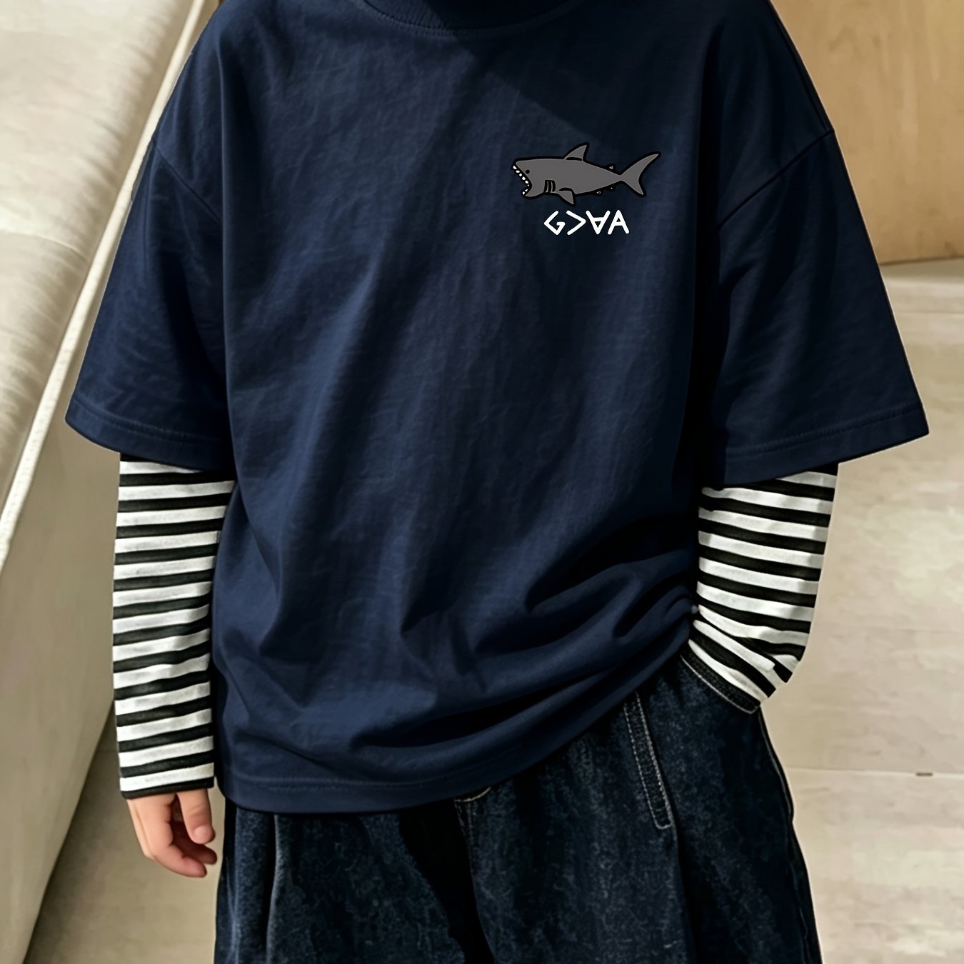 TEMU 2-in-1 Look Black And White Striped Boys' T-shirt - New Autumn Casual Niche Striped 2-in-1 Look Long Sleeve Top For Mid To Large Boys