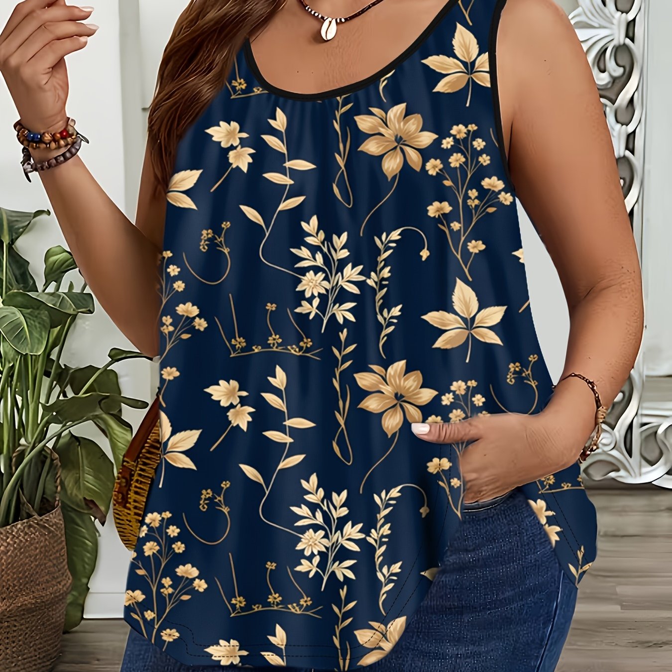 TEMU Plus Size - Plus Size - Gilded Floral Print Plus Size Round Neck Vest Casual And Top
