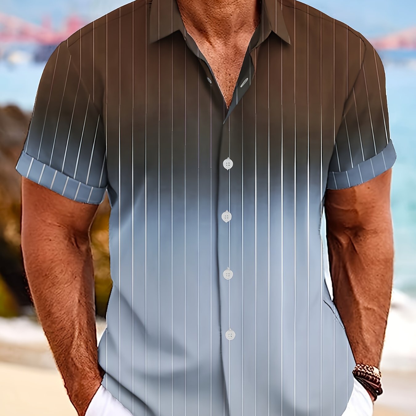 Gradient Strip Digital Print Men's Short Sleeve Button Shirt - Temu