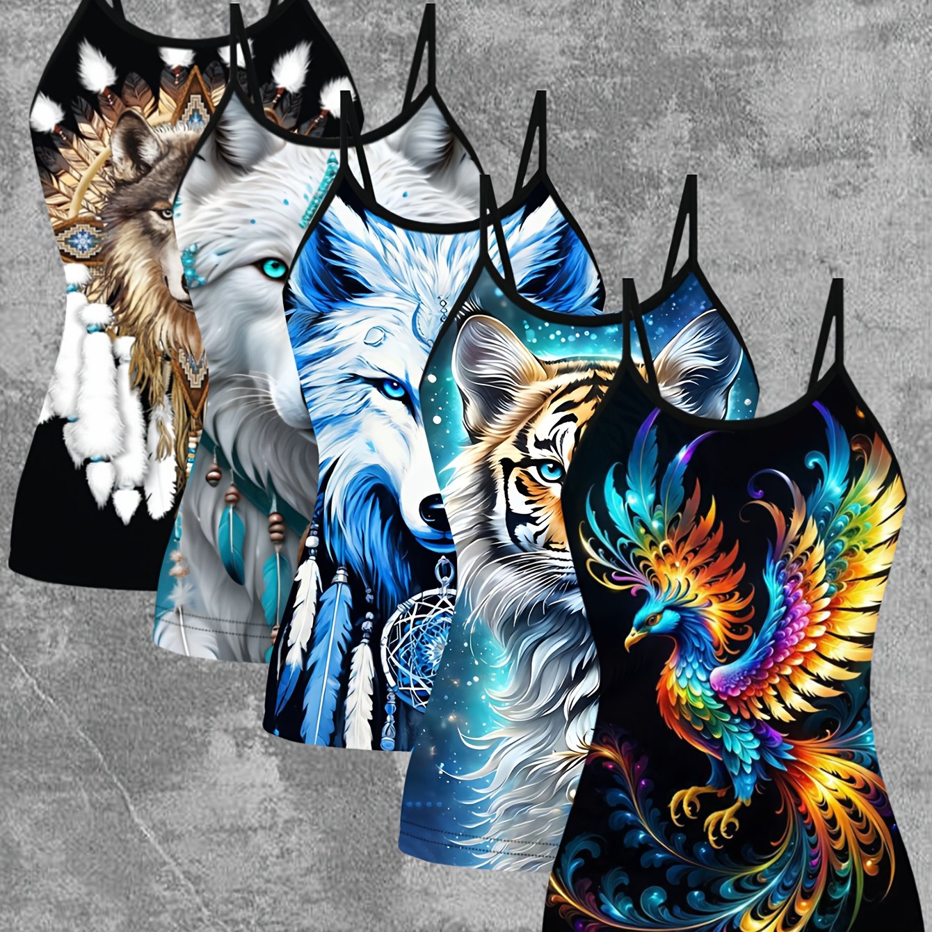 TEMU 5pcs Elegant European & Animal Print Camisole Tops - Summer Sleeveless Crop Tops With Wolf, Tiger, Phoenix & Designs, Black Spaghetti Straps,