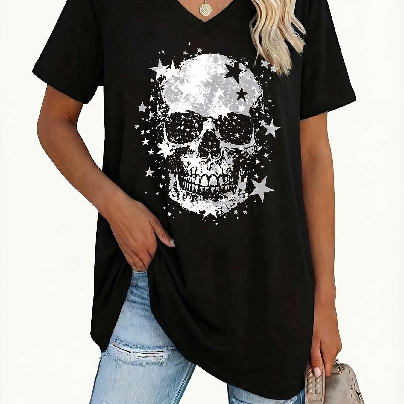 TEMU Damen-T-Shirt in Übergröße mit V-Ausschnitt kurzen Ärmeln, lässig für Pendeln, vielseitig, mit Totenkopf-Print, jugendlicher Look