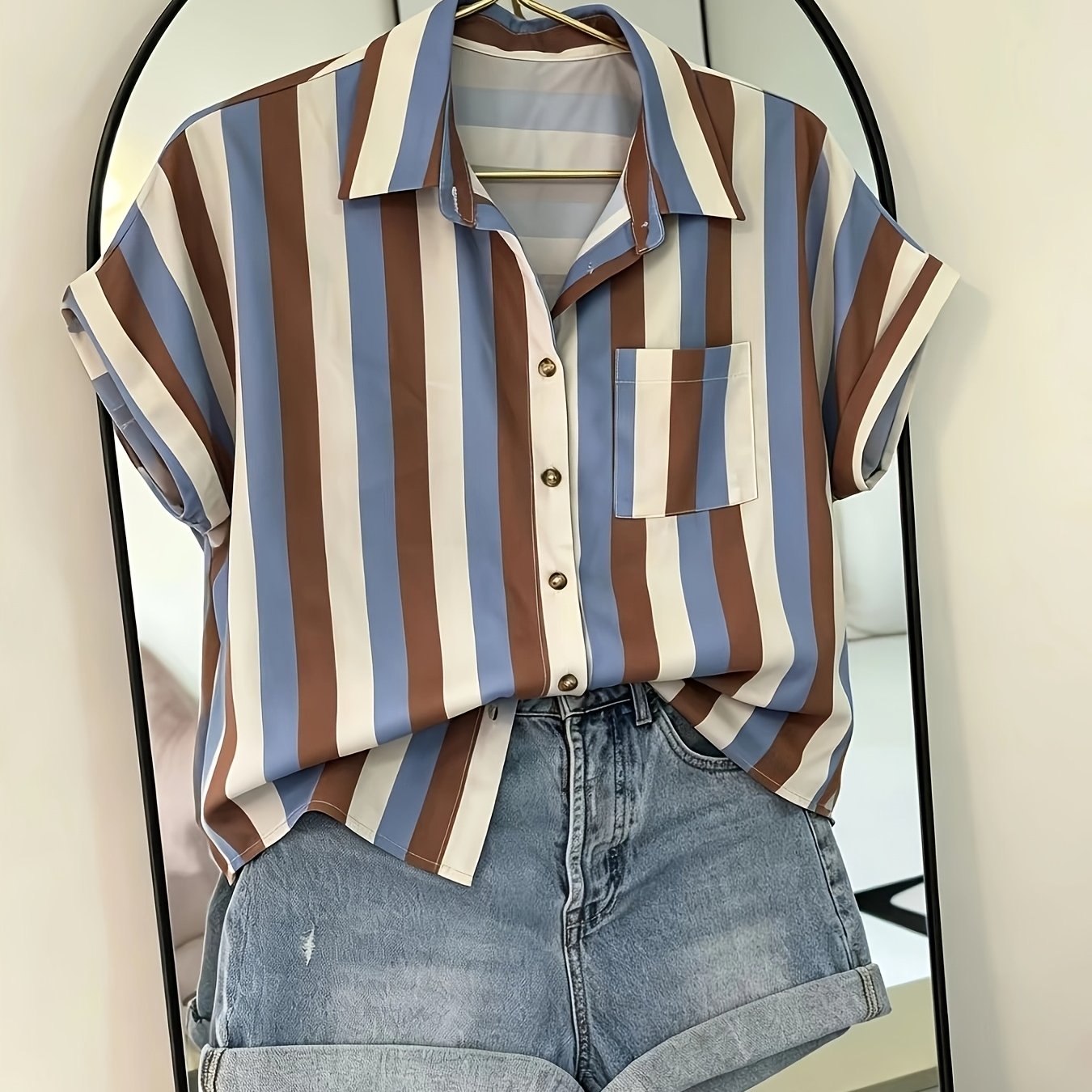 TEMU Targeted Women's Elegant Fashion Printed Striped Pocket Casual Vacation Front Button-short Sleeve Shirt Casual Loose