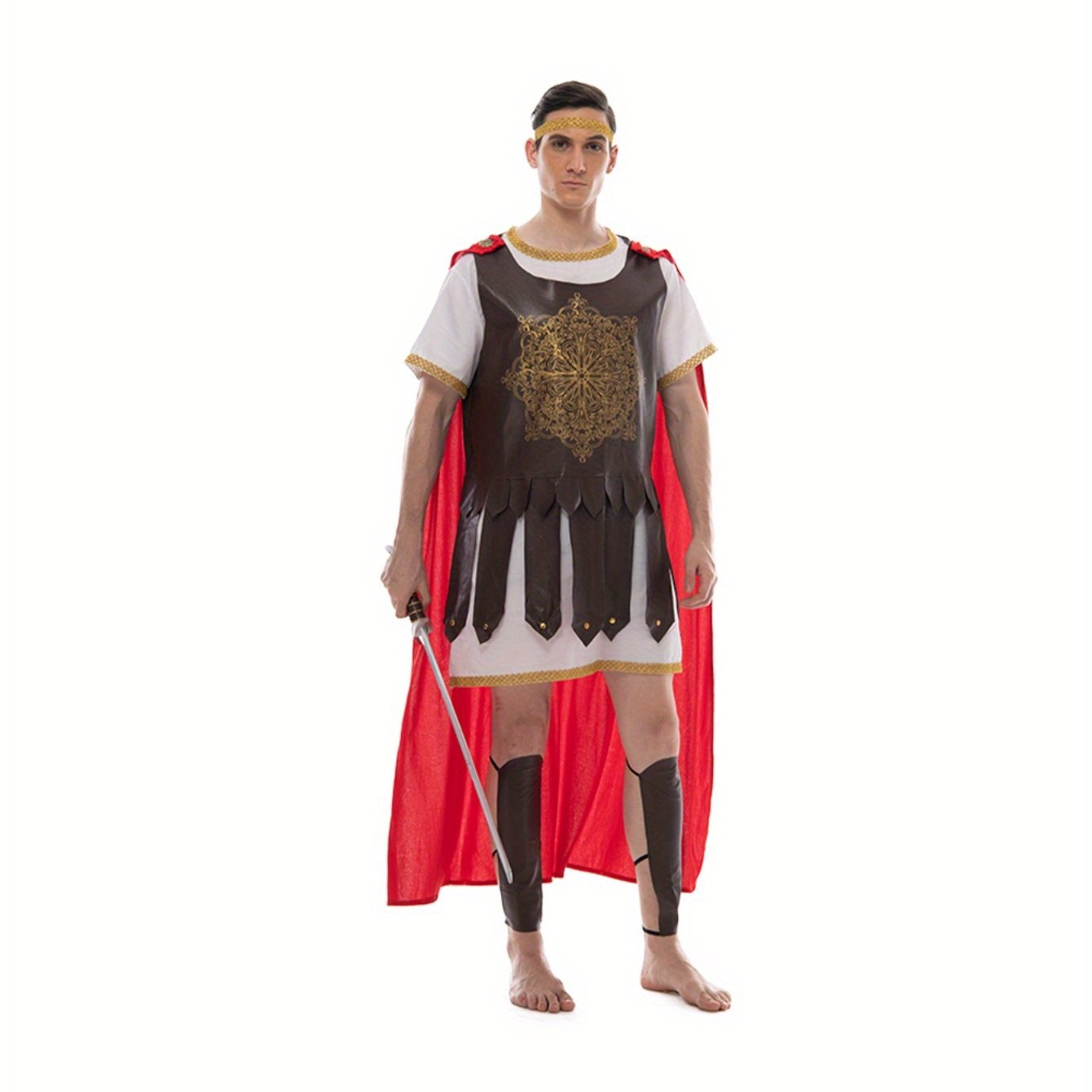 TEMU Adult Men's Halloween Roman Soldier Warrior Costume With Headband, Cape And Leg Warmer, Role Play Outfits Men