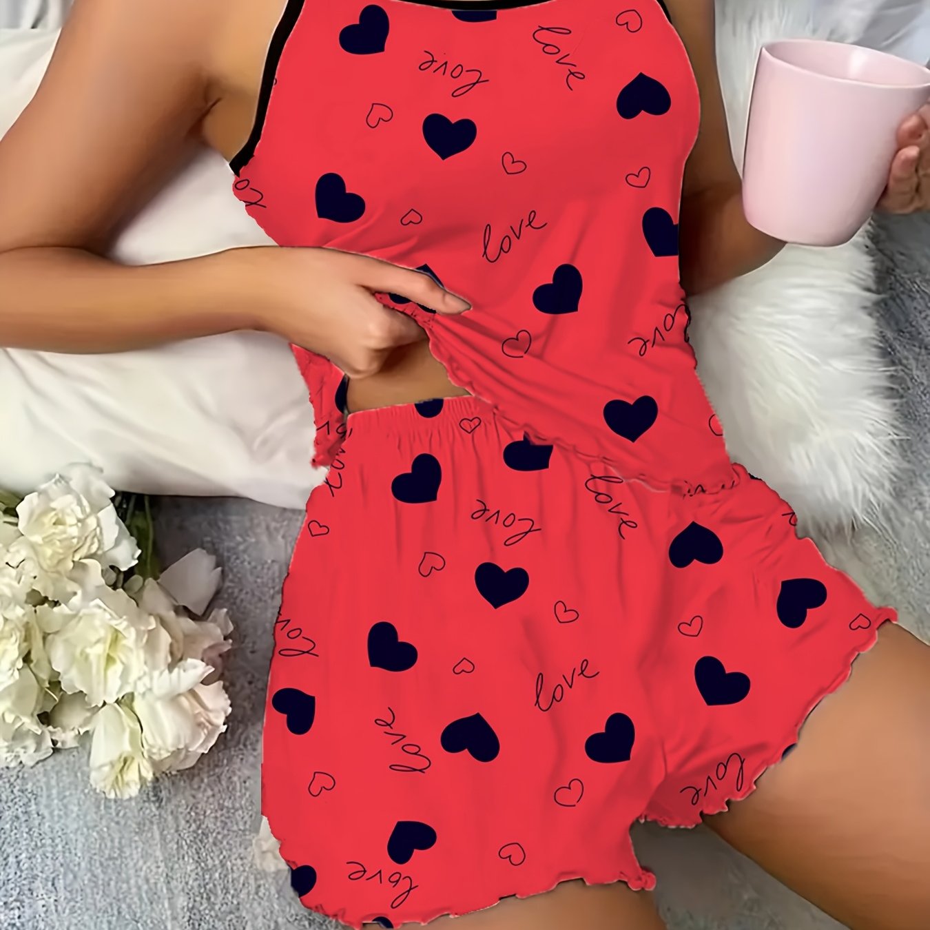 Women's Sleepwear Set Featuring A Magenta Heart Print And Camisole Shorts.