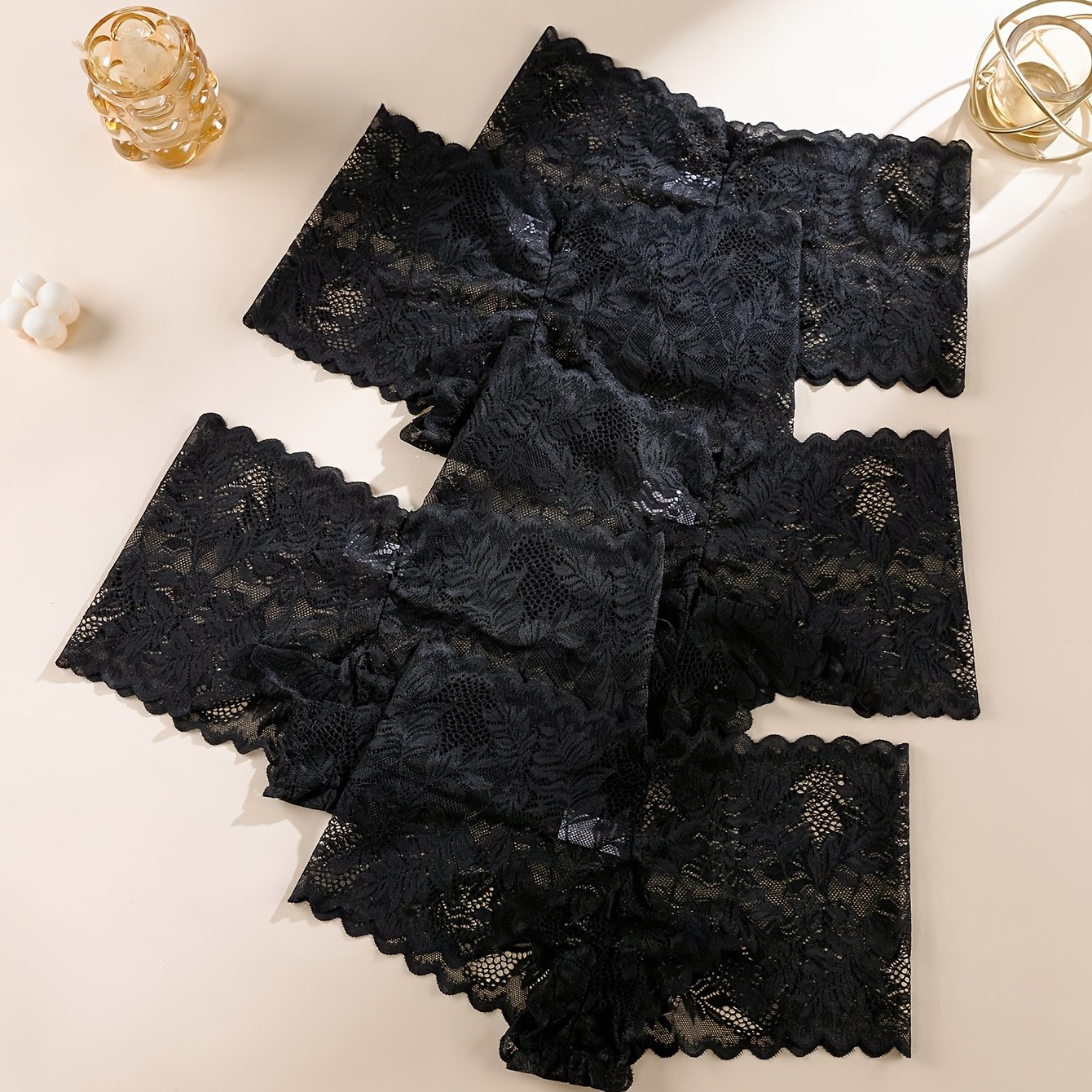 5pcs Women's Low-rise Boxer Briefs, Black Floral Lace Underwear, Breathable Sheer Panties For Daily Wear