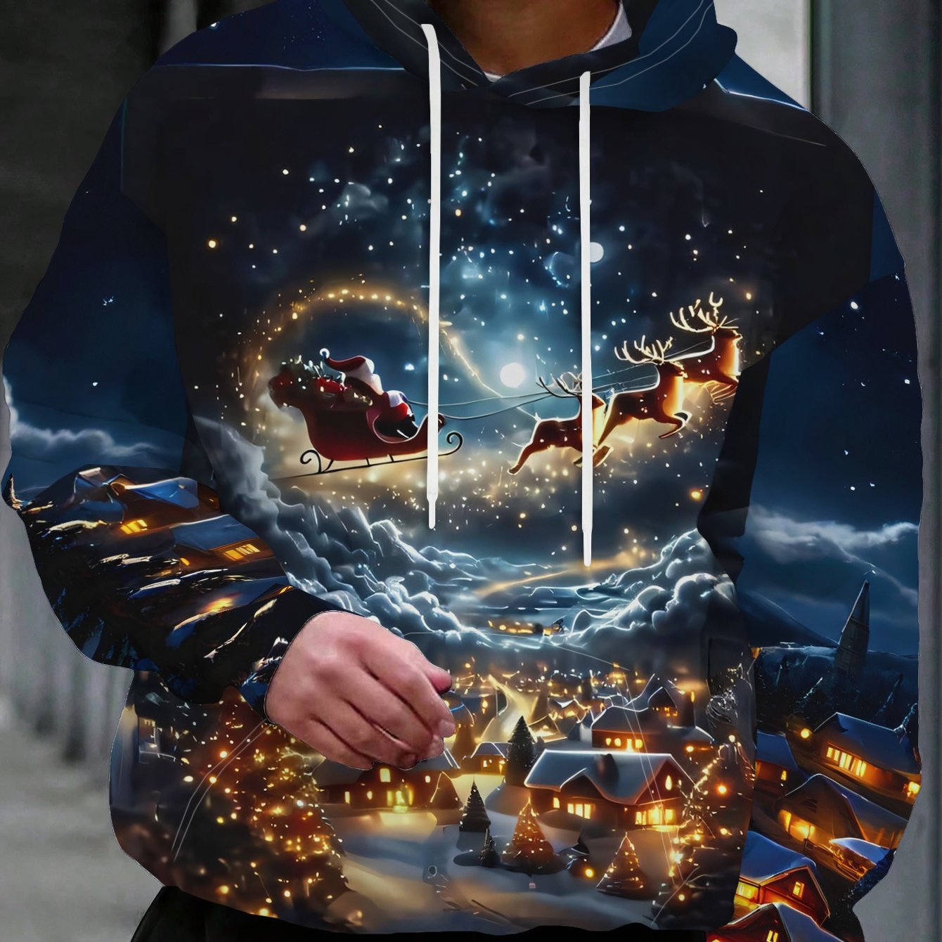 TEMU Men's Christmas Themed Hooded Sweatshirt With Reindeer & Santa Snowy Print - Winter Sweater, Machine Washable Pullover For Holiday Party Outfits