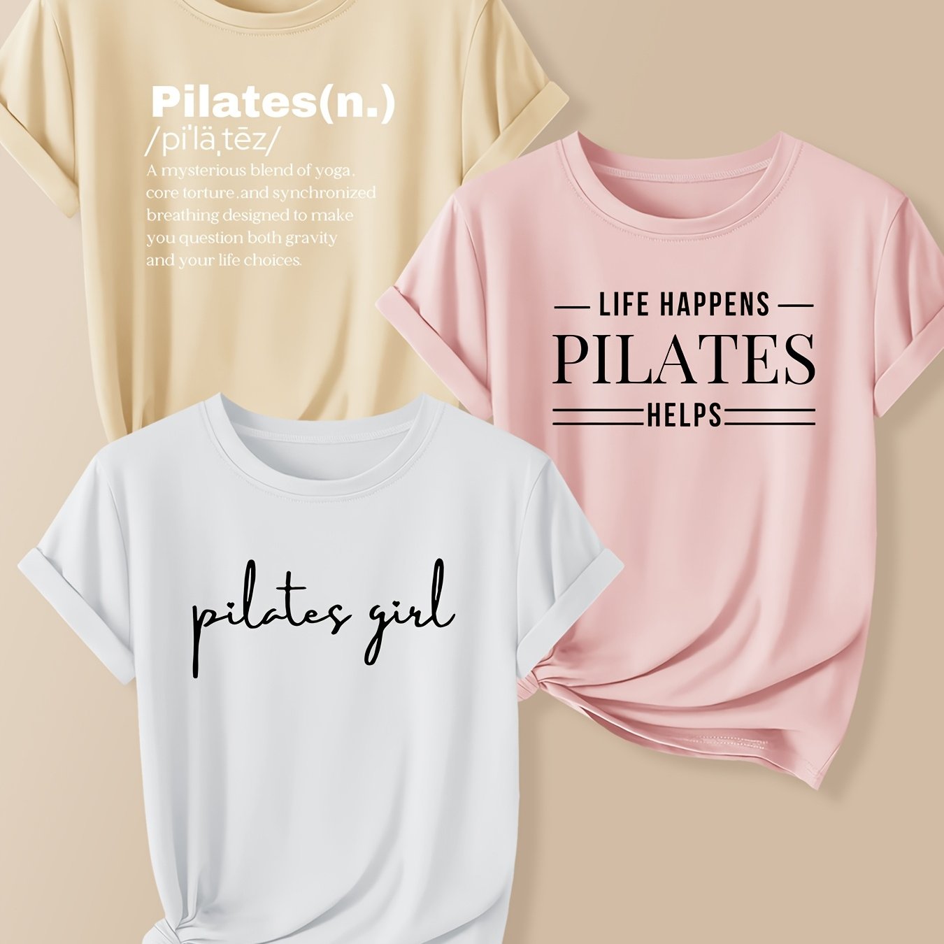 TEMU 3pcs Women's Retro Greek Letter Print Pilates T-shirts - Short Sleeve Round Neck Workout & Casual Tops, Breathable Gym Wear, Machine Washable