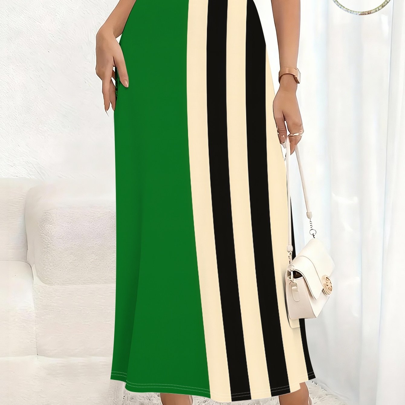 TEMU Printed Design â Not Textured, Color Block, Green, Striped, Women's Elegant Printed Skirt, Casual Item, Suitable For Office, Parties, And Daily