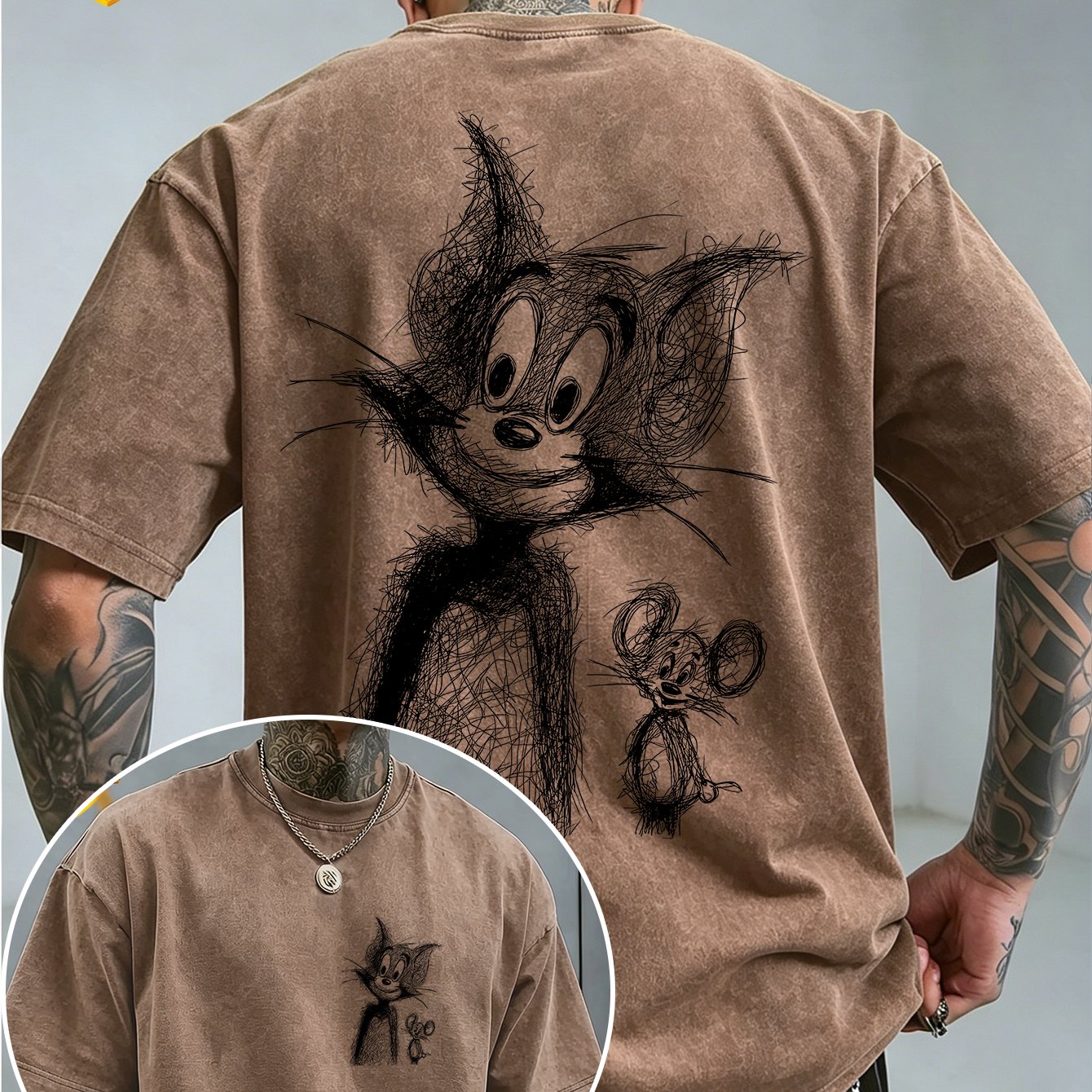 Licensed By Warner, This Men's Short-sleeved T-shirt Features A Cartoon Sketch Print Pattern, Washed And Distressed Design, Suitable For Outdoor Sports And Daily Commuting, And Is Machine Washable