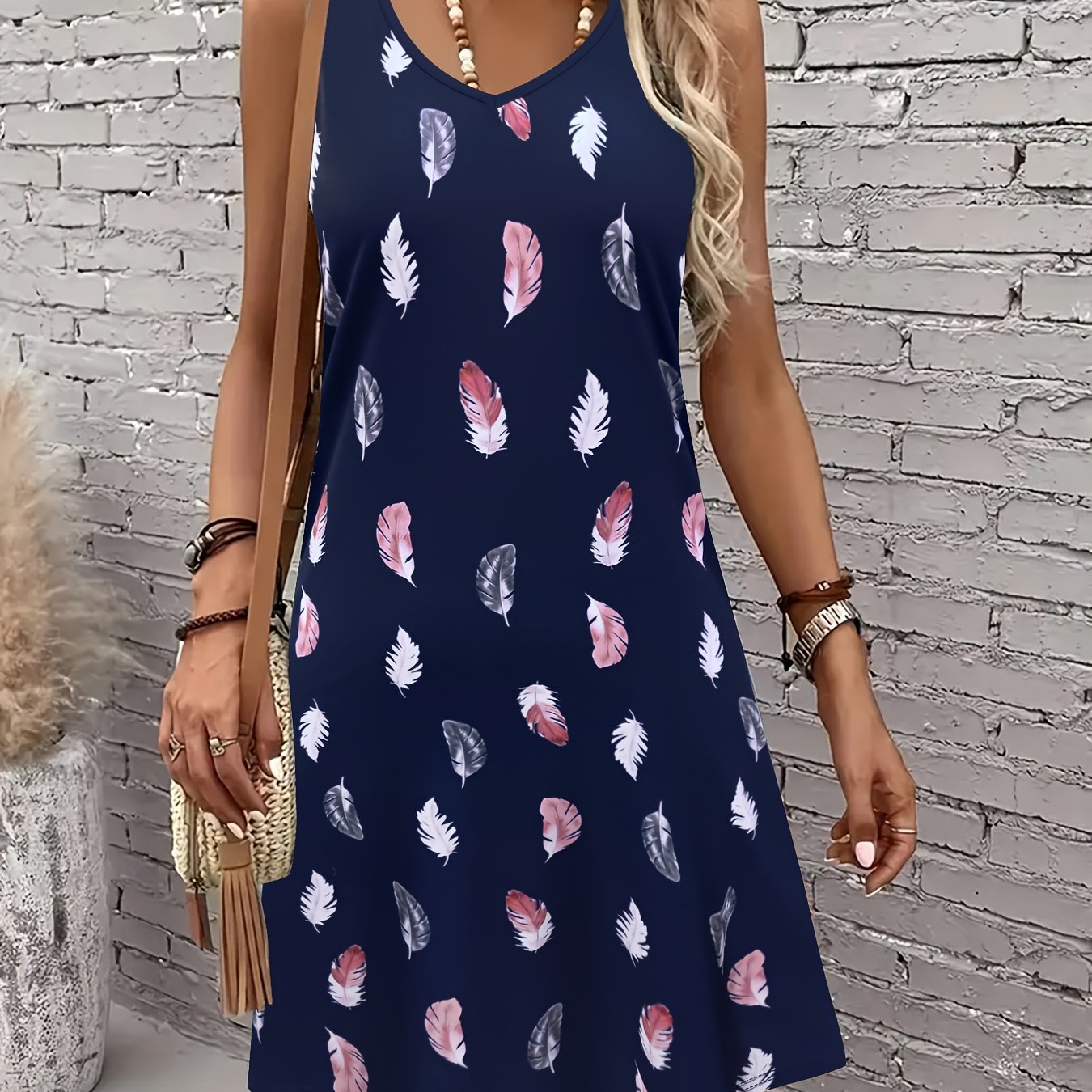 Image of 2d Print Elegant Vacation Abstract Painting Colorful Print Graphic Breathable V-neck Vest Dress Spring Summer New Women's Casual Skirt Casual Vacation Women's Top Sleeveless A-line Mid-length Dress