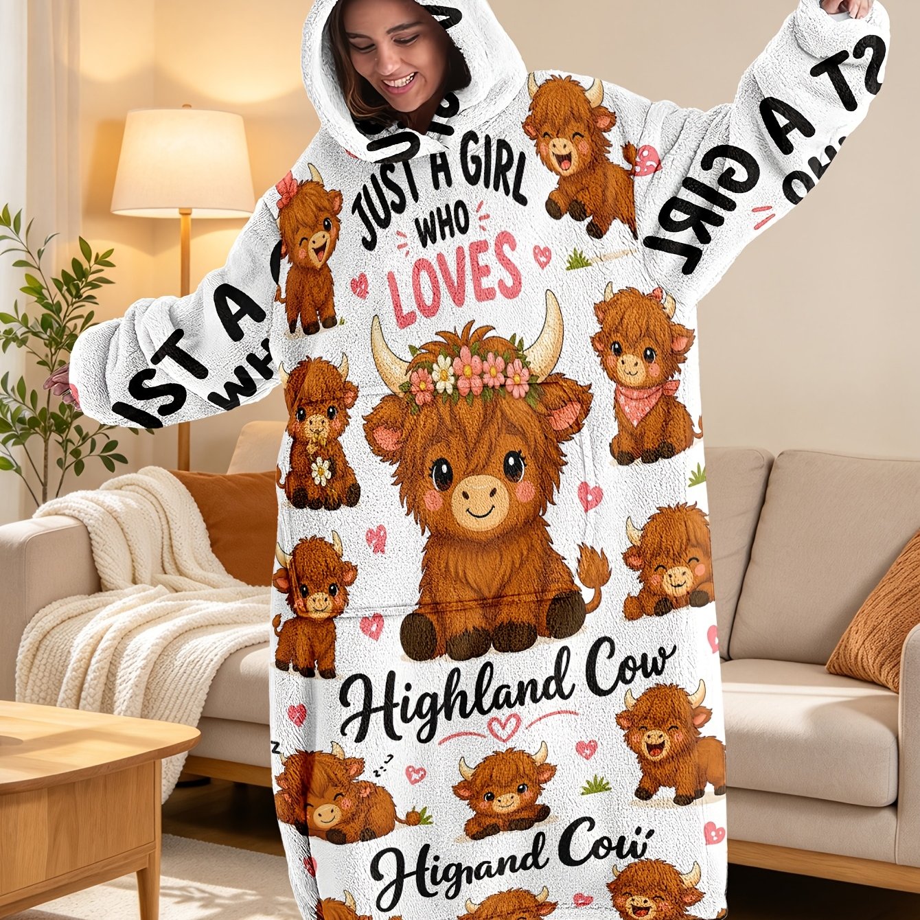 TEMU 1pc Couple Matching Hooded Ladies Sleepwear Highland Cow Heart Just A Print, , Large Pocket Robe, Gift For Family, Partner And For Christmas,