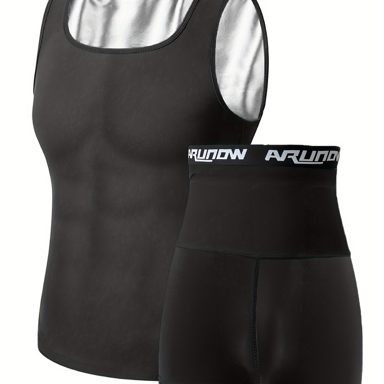 Image of Men's Sauna Sweat Vest And Shorts Set, Shapewear Shorts, Sleeveless Athletic Base Layer, Running Pants, Leggings Set, European/american Sizes